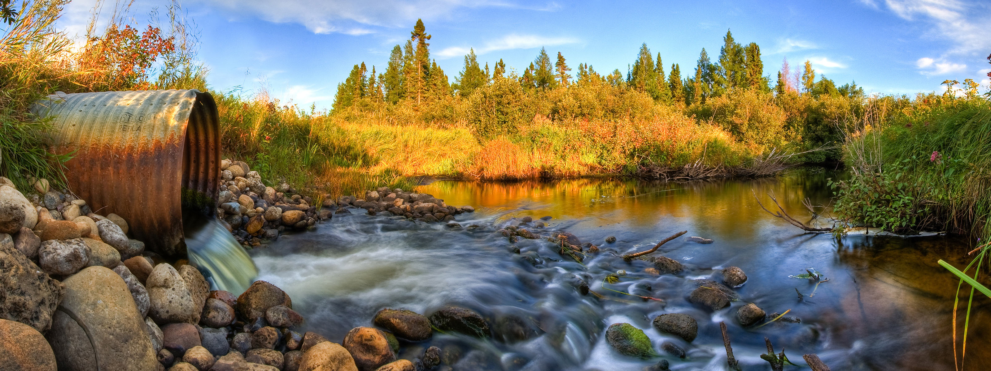 General 3200x1200 river pipes water trees ultrawide