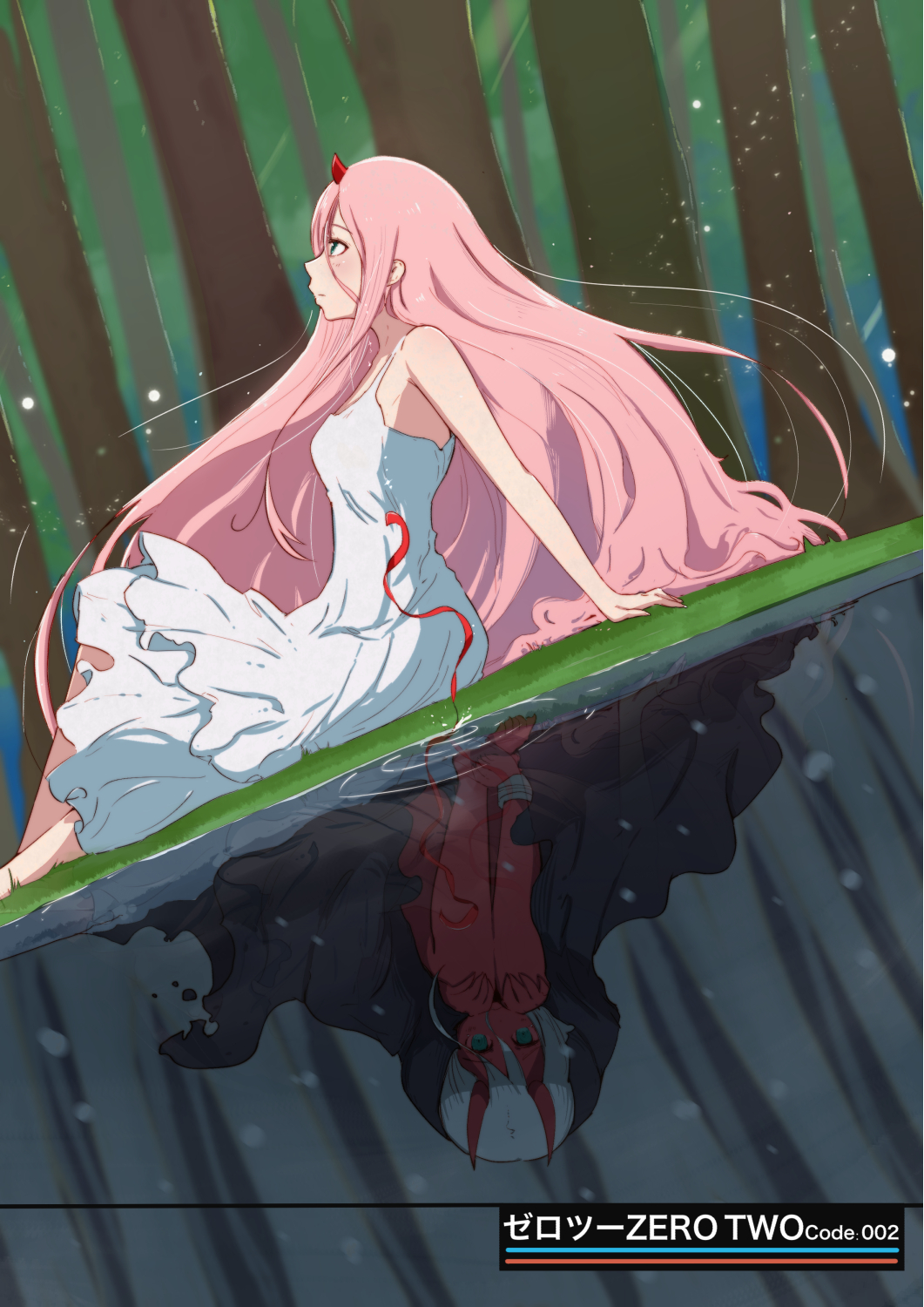 Anime 1061x1500 Darling in the FranXX anime girls Zero Two (Darling in the FranXX) white dress long hair 2D pink hair horns small boobs blue eyes forest red skin white hair reflection thighs fan art blushing