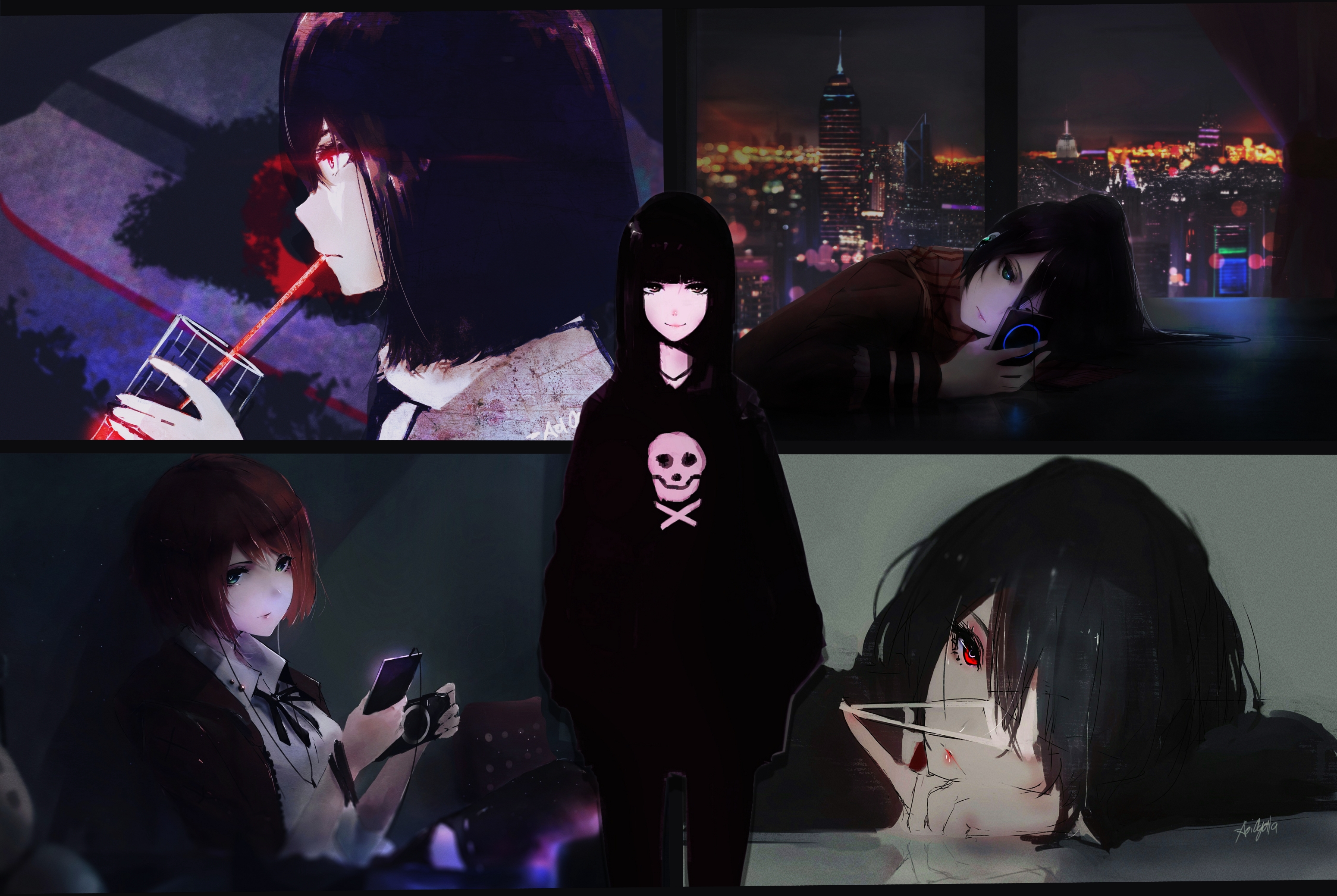 Anime 3100x2078 anime collage anime girls closed mouth smiling looking at viewer Aoi Ogata drinking straw eyepatches signature picture-in-picture phone standing black hair blunt bangs cityscape night building city shoulder length hair drink short hair red eyes bangs