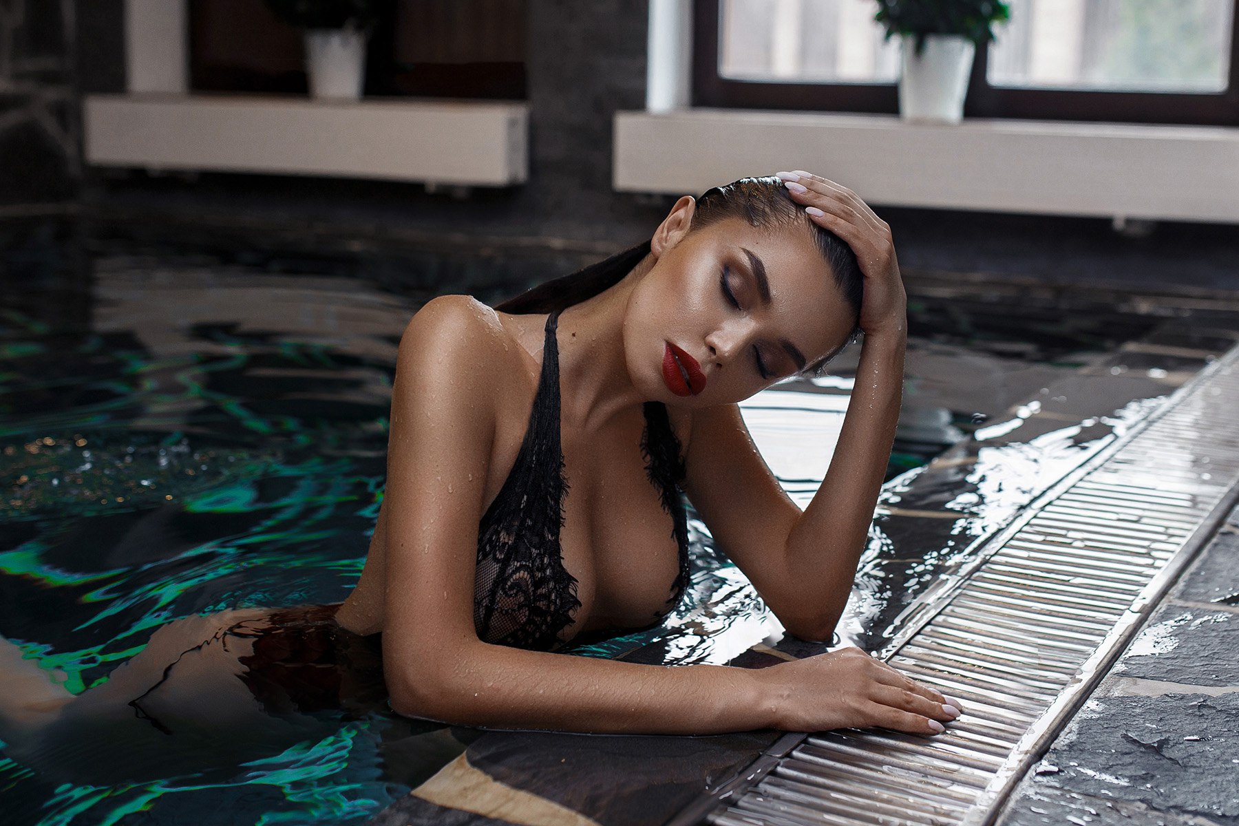 People 1800x1200 women tanned red lipstick swimming pool wet hair wet body water drops see-through clothing pink nails closed eyes