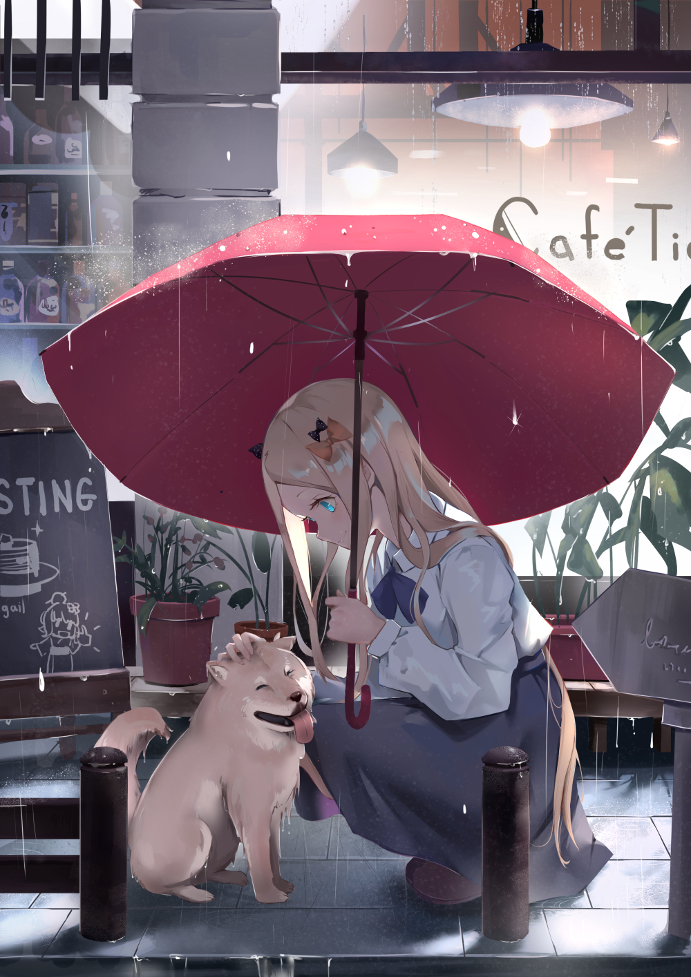 Anime 1000x1415 anime anime girls blonde blue eyes umbrella rain dog Fate series Fate/Grand Order Abigail Williams (Fate/Grand Order) animals