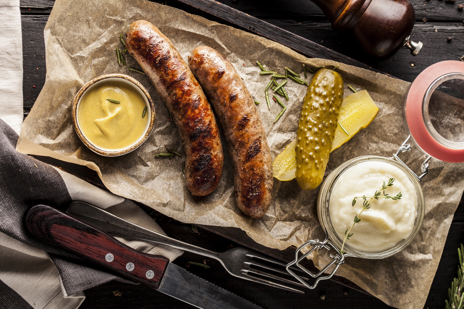 General 1920x1280 food fork knife sausage mustard Bratwurst pickles rosemary