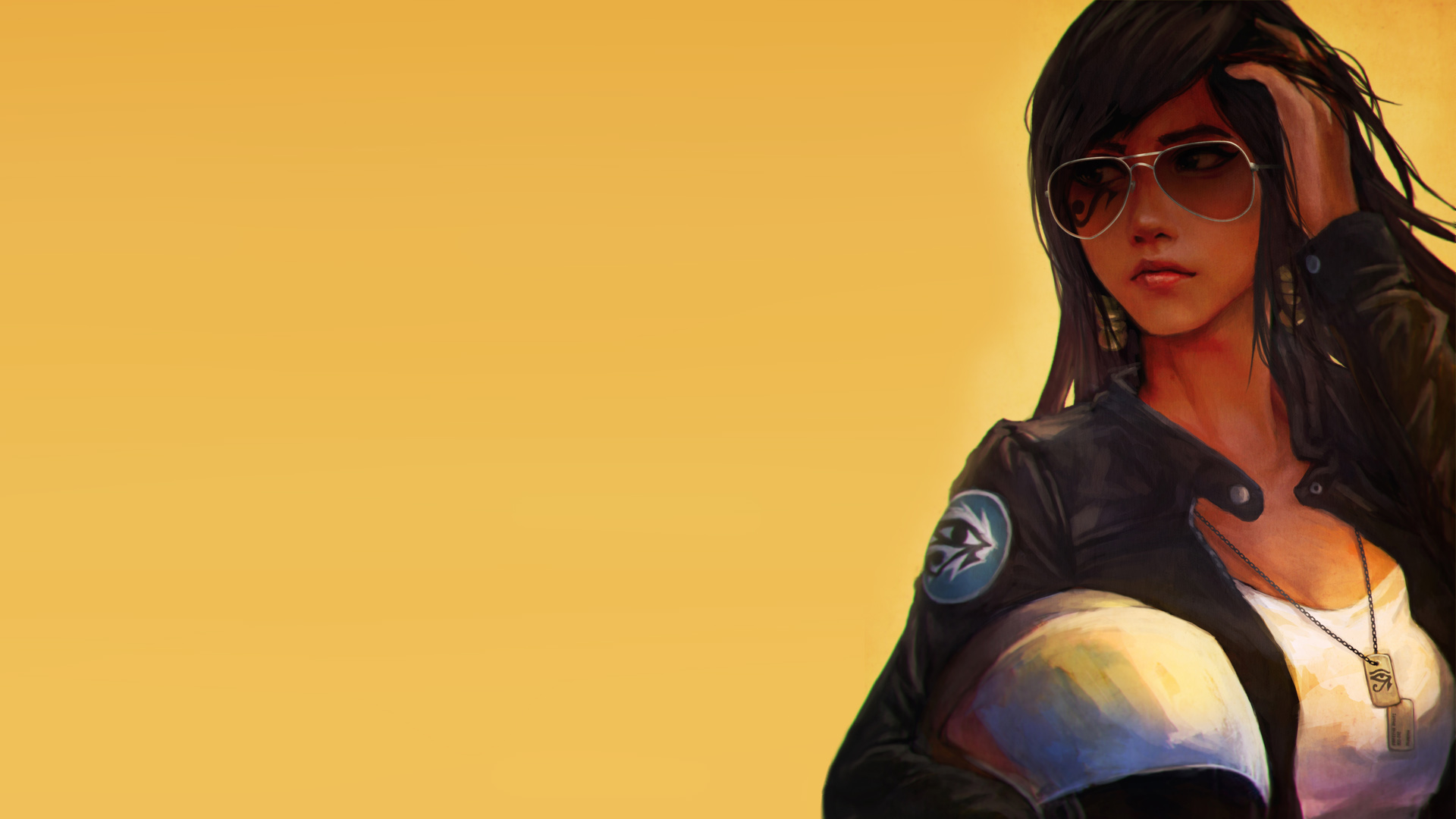 General 1920x1080 Overwatch Pharah (Overwatch) sunglasses women women with shades black hair leather jacket jacket digital art video game art