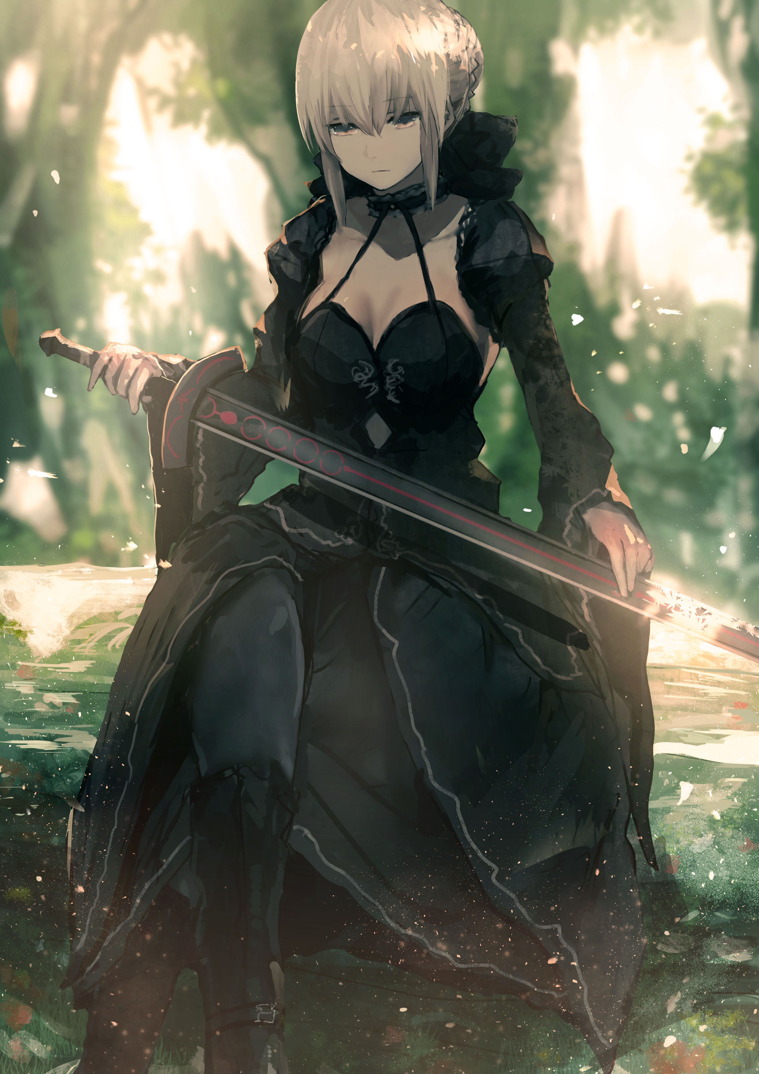 Anime 2480x3508 Fate series Fate/Stay Night fate/stay night: heaven's feel anime girls black dress cleavage Saber Alter digital art pantyhose small boobs Fate/Grand Order women with swords yellow eyes 2D thigh high boots forest Excalibur no bra fan art blonde Artoria Pendragon