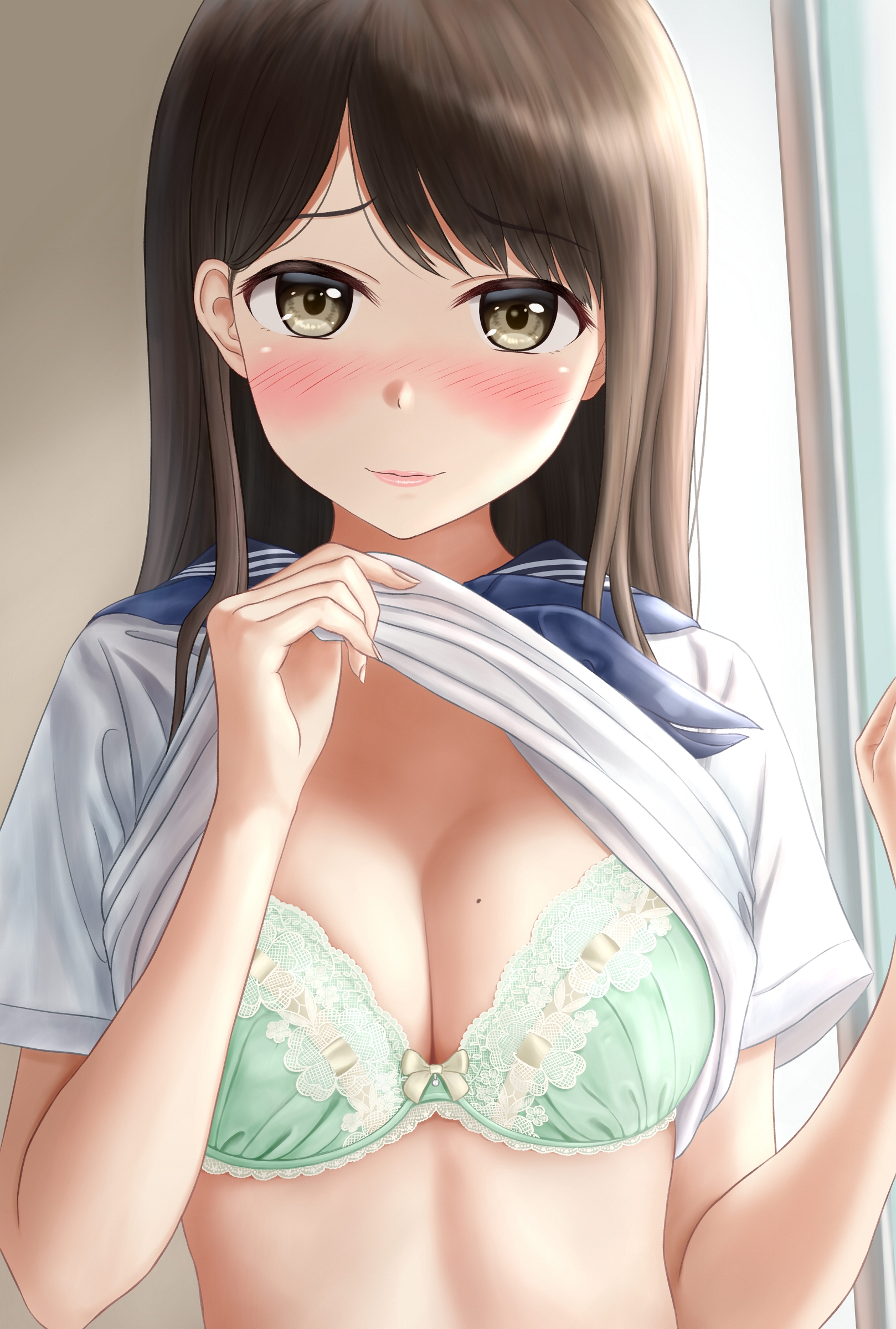 Anime 1618x2400 original characters school uniform schoolgirl bra underwear...