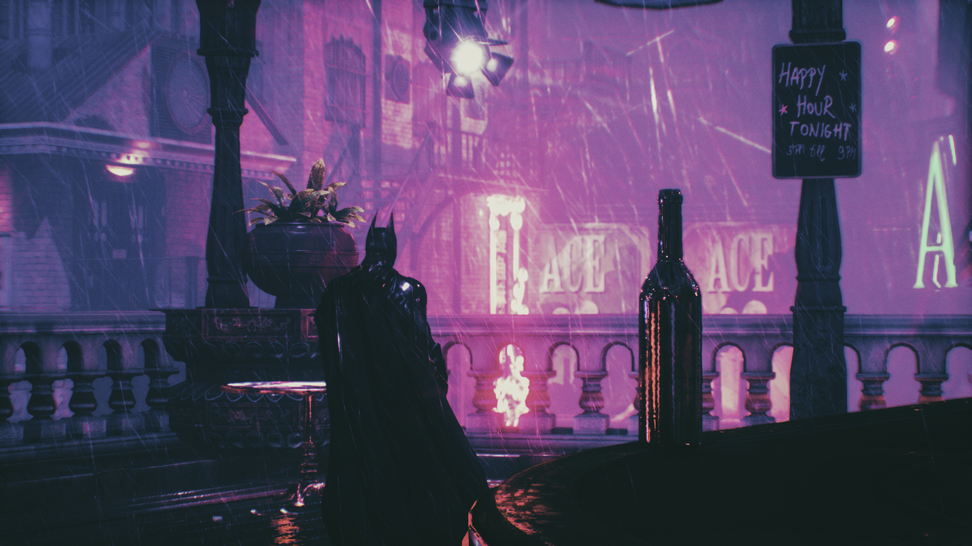 General 1920x1080 Batman: Arkham Knight PC gaming screen shot video game characters rain purple