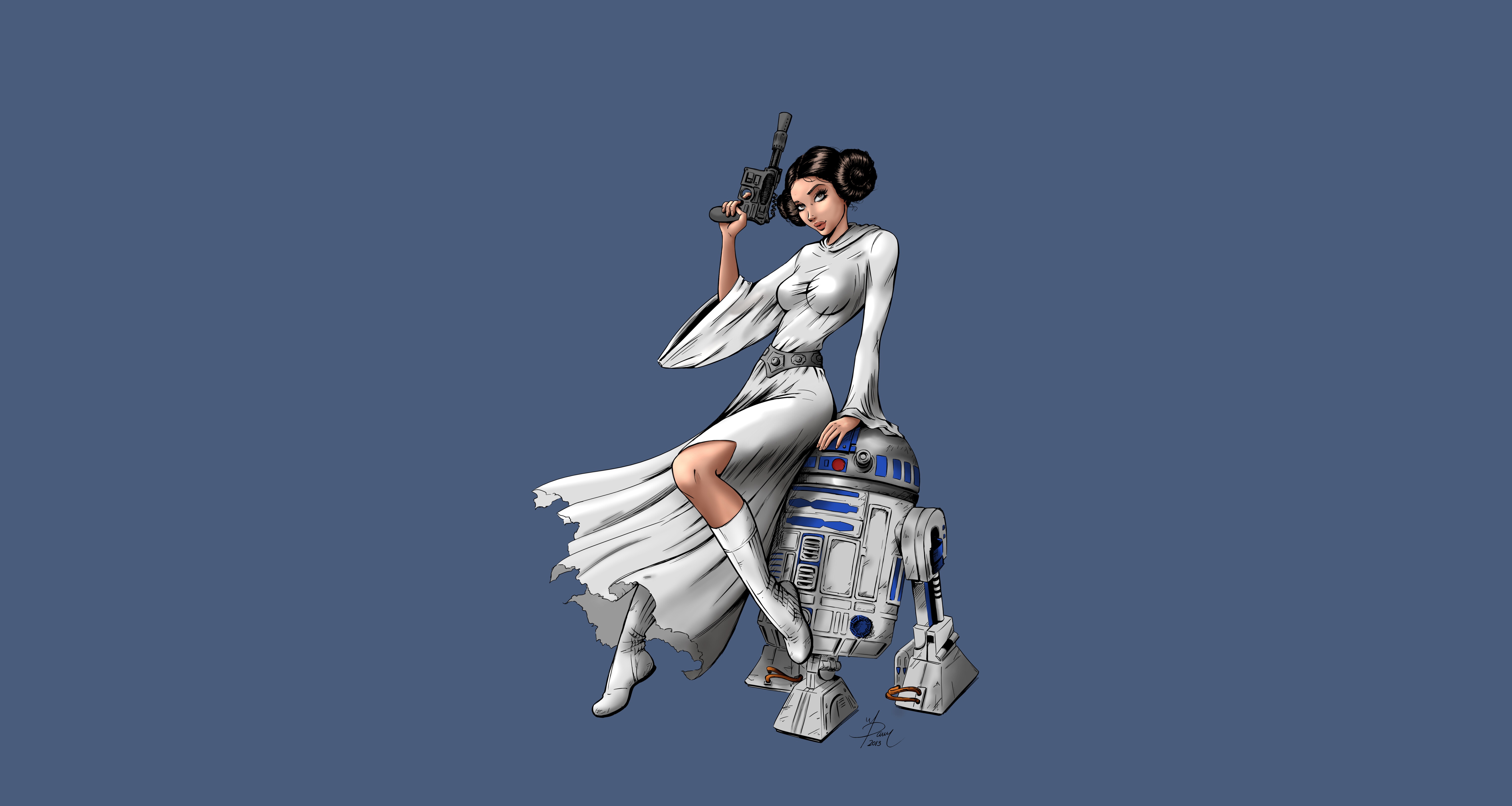 General 6000x3200 artwork Star Wars Leia Organa R2-D2 blaster science fiction women simple background digital art