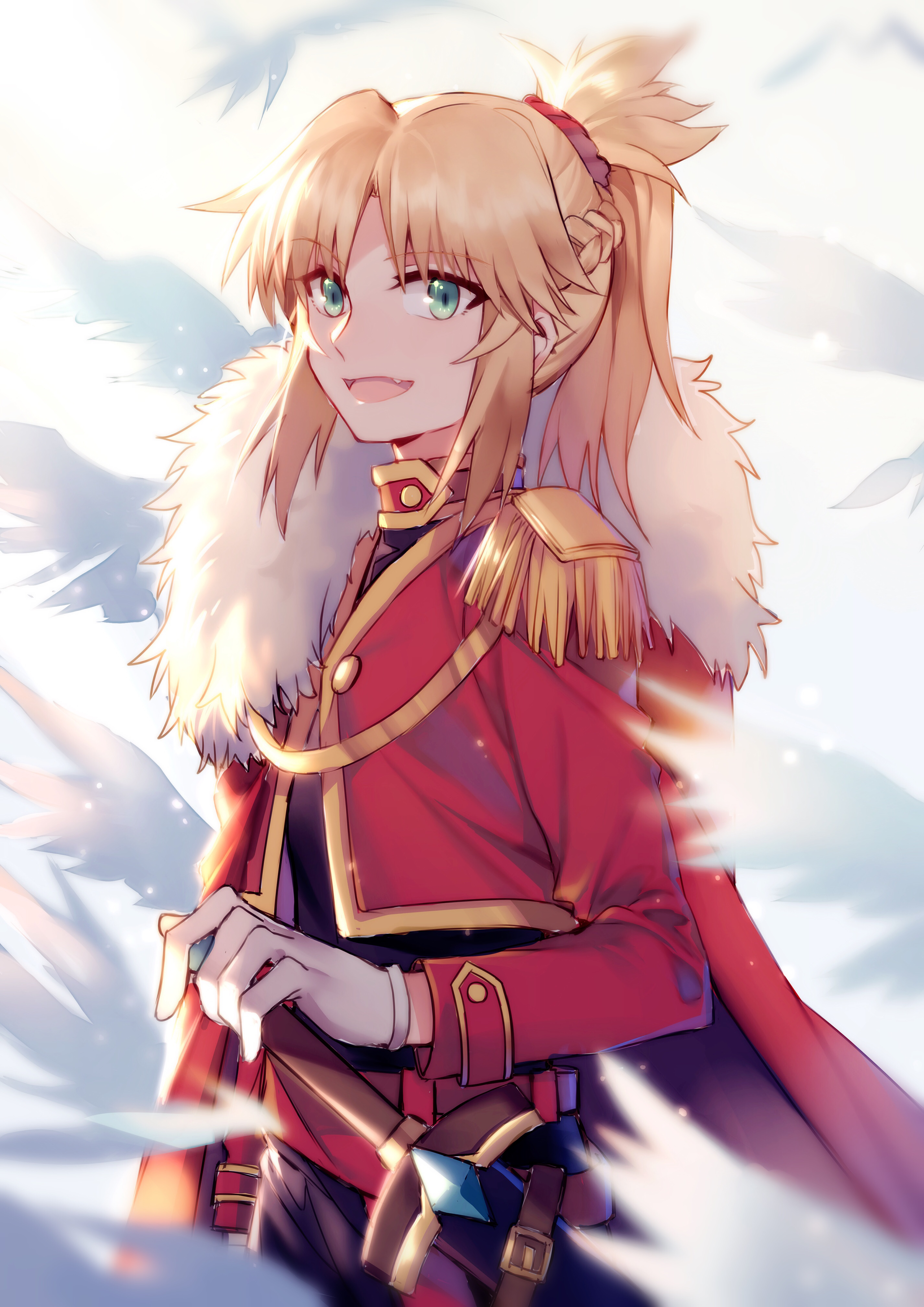 Anime 2851x4032 Fate series Fate/Apocrypha  anime girls green eyes feathers ponytail Mordred (Fate/Apocrypha) smiling fan art digital art 2D small boobs white gloves women with swords female soldier open mouth Fate/Grand Order blonde