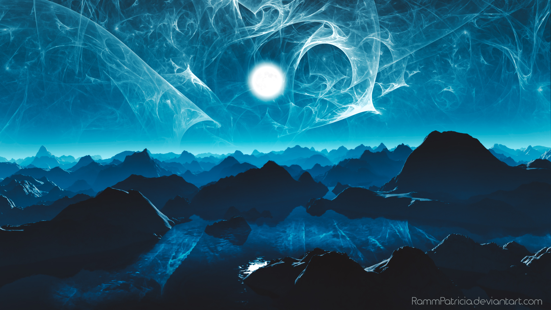 General 1920x1080 fantasy art landscape fractal mountains night Moon water reflection lake mist cyan blue digital art watermarked DeviantArt