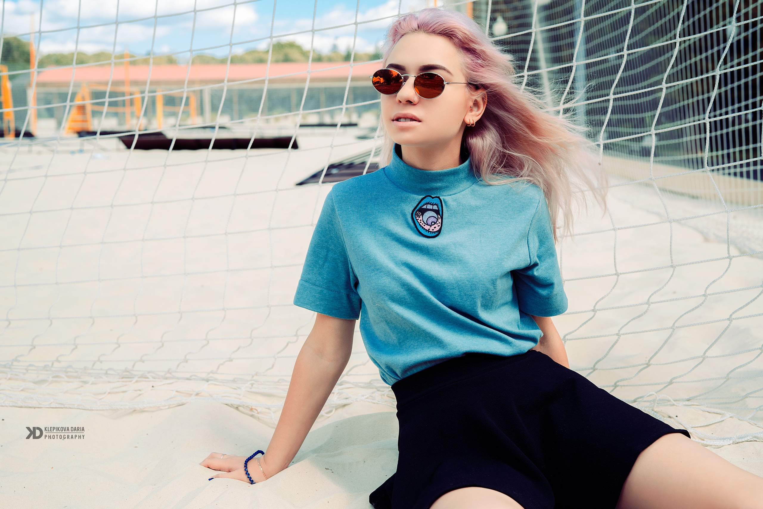 People 2560x1708 women model dyed hair women with shades sunglasses outdoors portrait T-shirt miniskirt nose ring depth of field earring sitting Daria Klepikova women outdoors watermarked