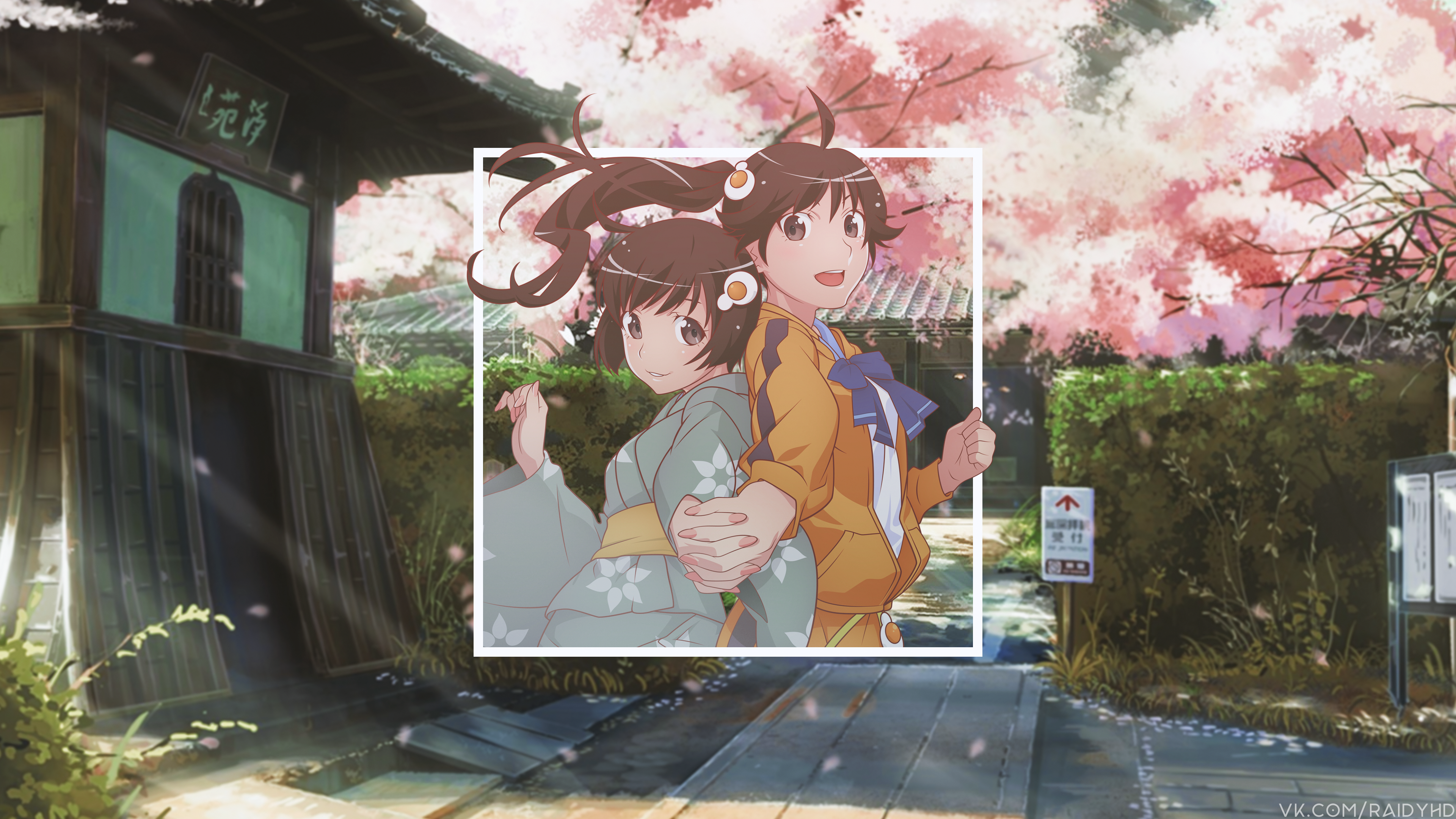 Anime 3840x2160 anime anime girls holding hands brown eyes Monogatari Series Araragi Karen Araragi Tsukihi