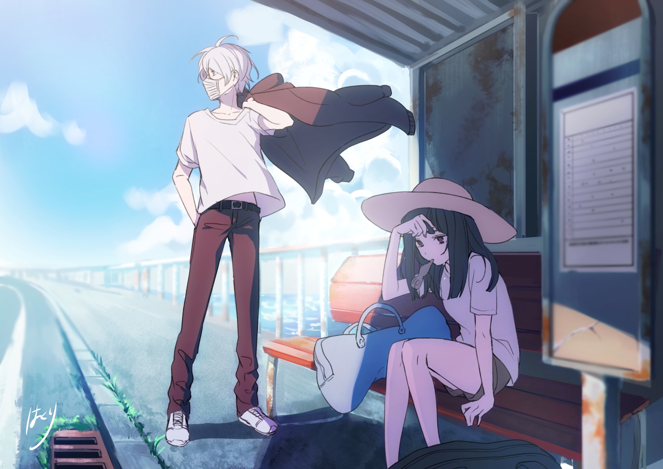 Anime 1347x952 anime girls anime boys bench sitting hat urban