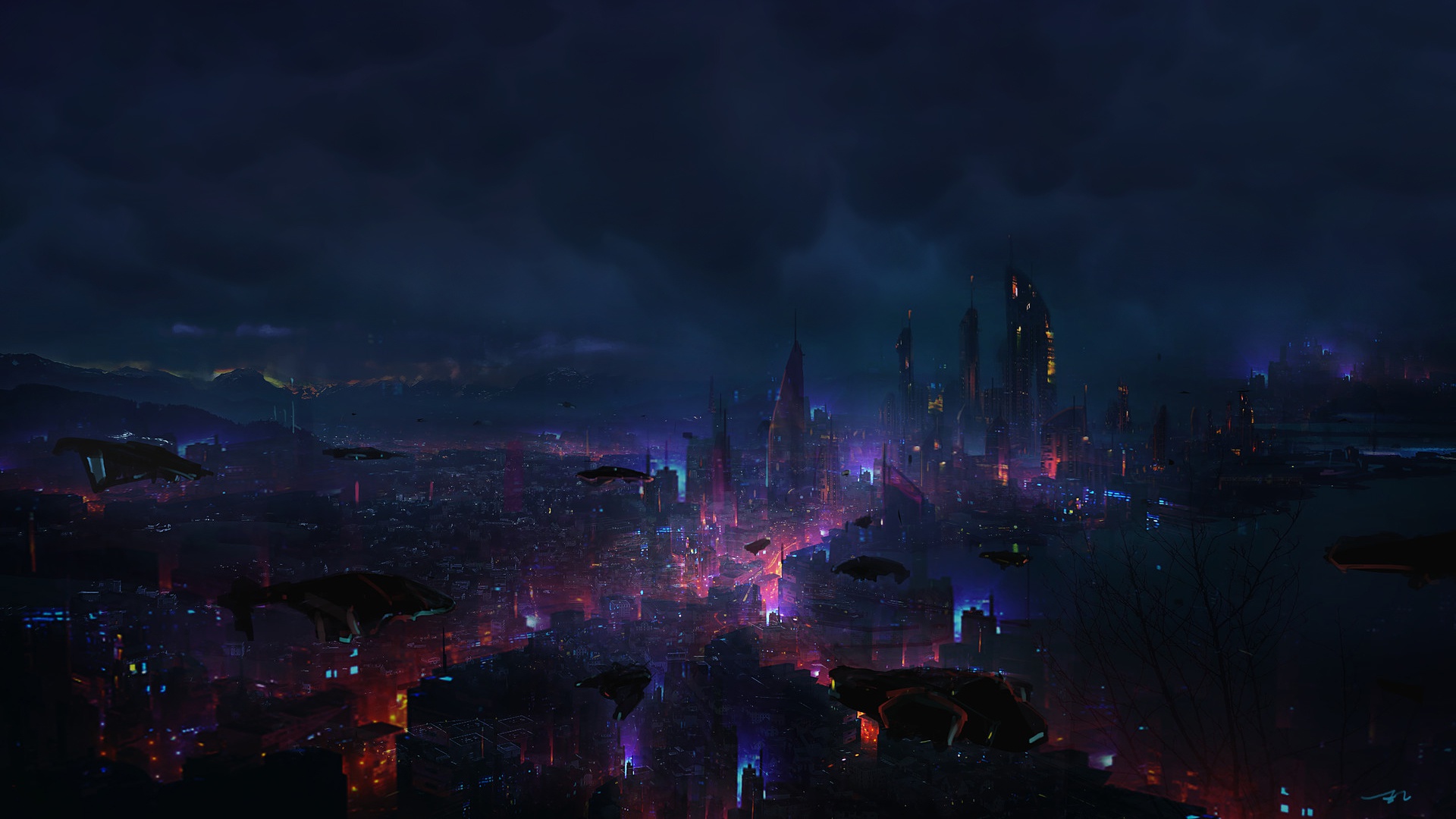 General 1920x1080 dark futuristic city digital art science fiction Eric Lee cityscape clouds