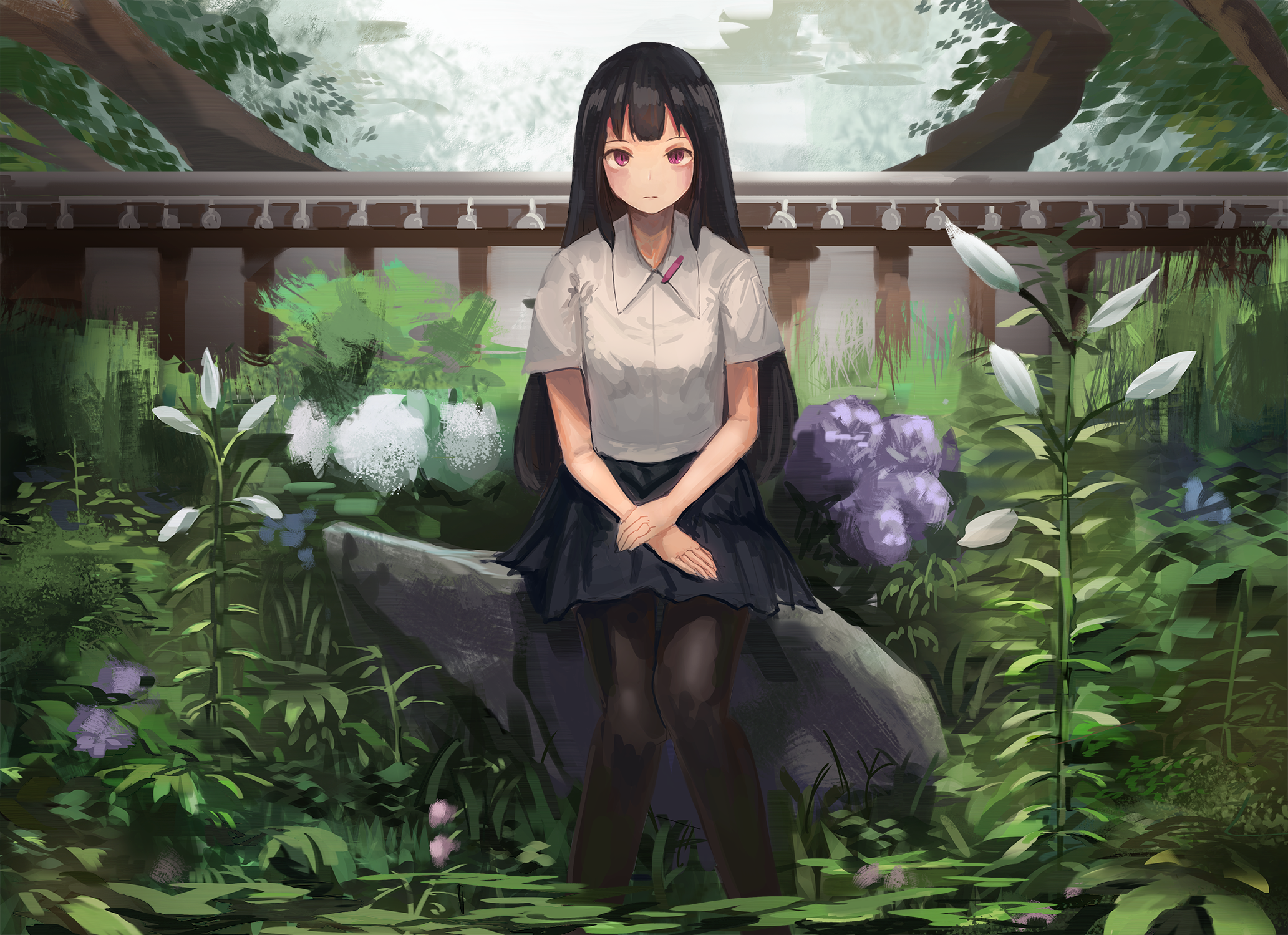 Anime 2065x1499 anime anime girls sitting garden dark hair long hair plants pantyhose