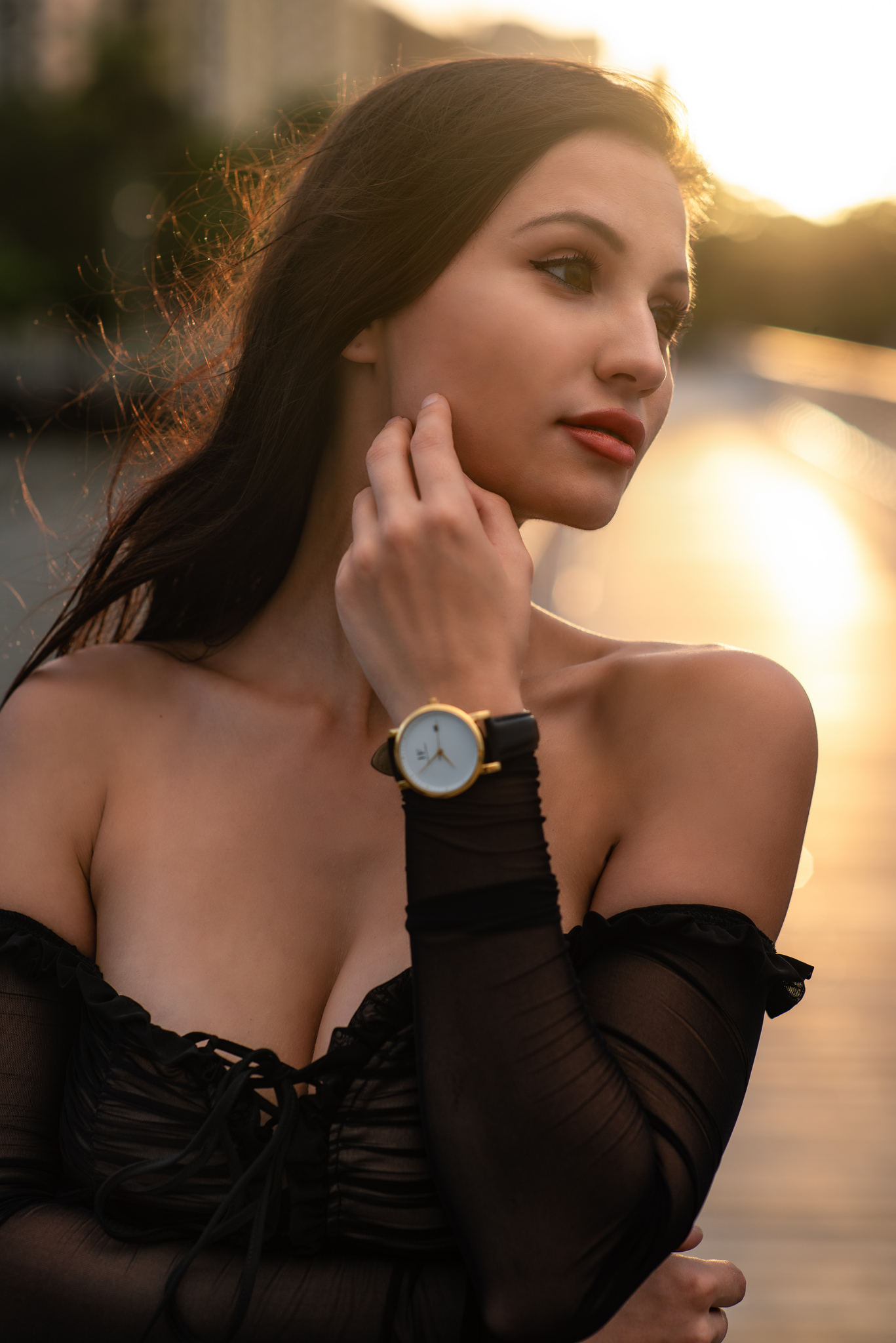 People 1367x2048 Jenna Glamour women model brunette brown eyes looking away touching face watch bare shoulders dress black dress backlighting sunset outdoors depth of field portrait display face cleavage women outdoors Christopher Rankin lace up top