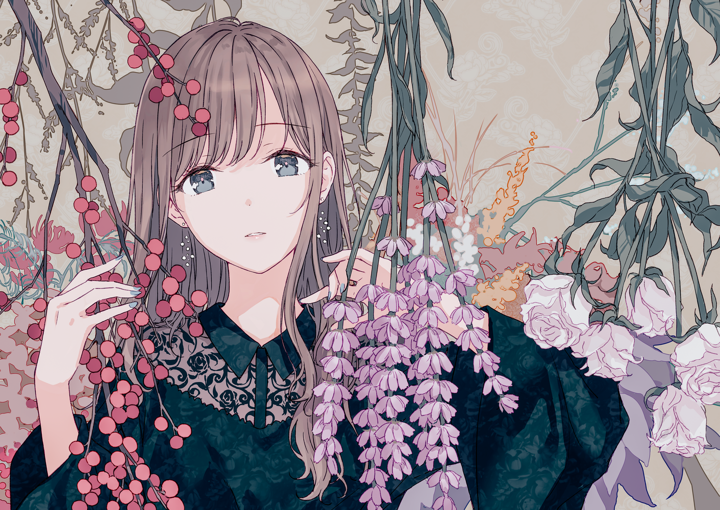 Anime 1411x1000 Hiten anime girls digital art artwork drawing sketches 2D face looking at viewer earring flowers branch illustration original characters long hair portrait anime