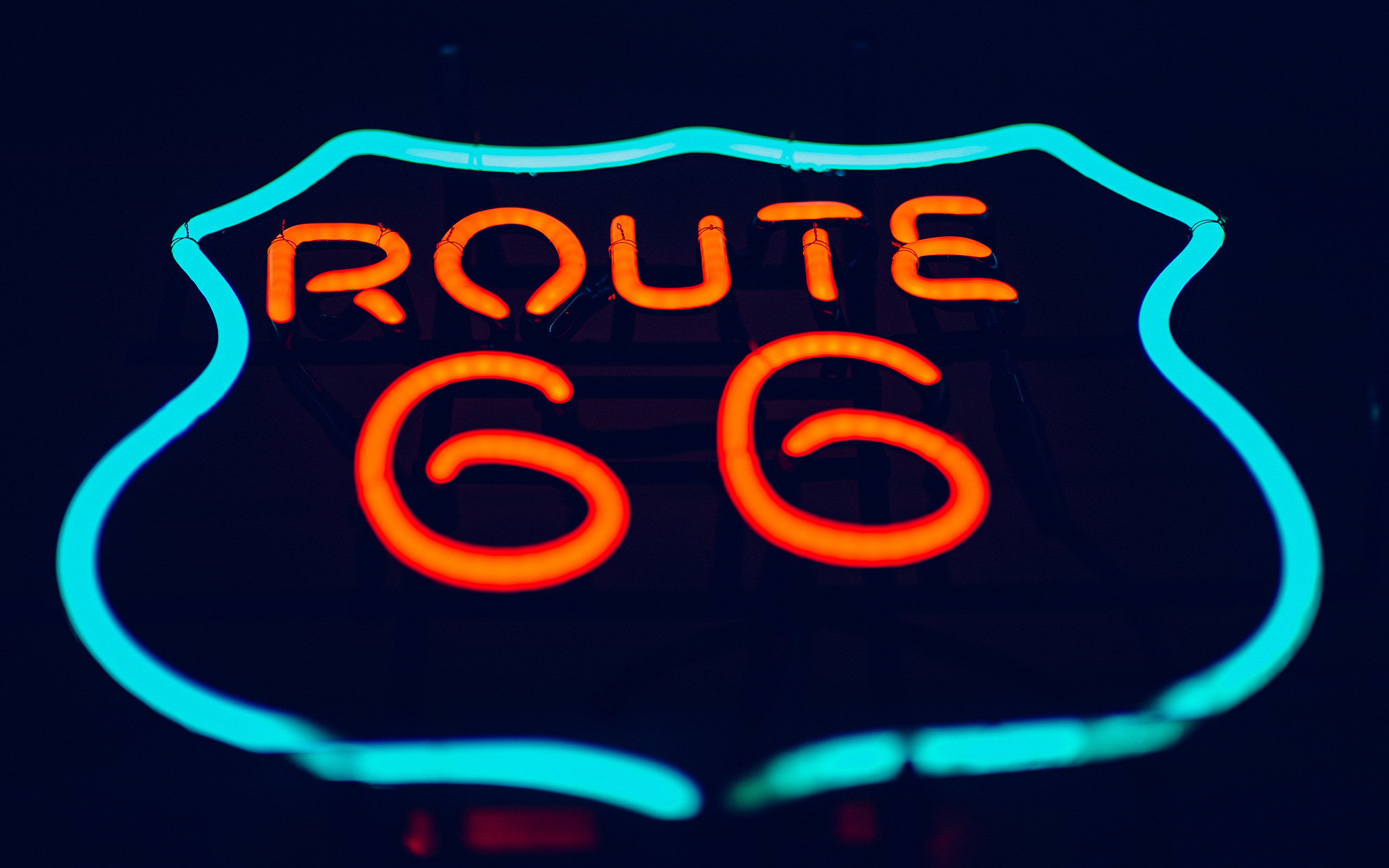 General 2560x1600 neon Route 66 night signs dark red cyan