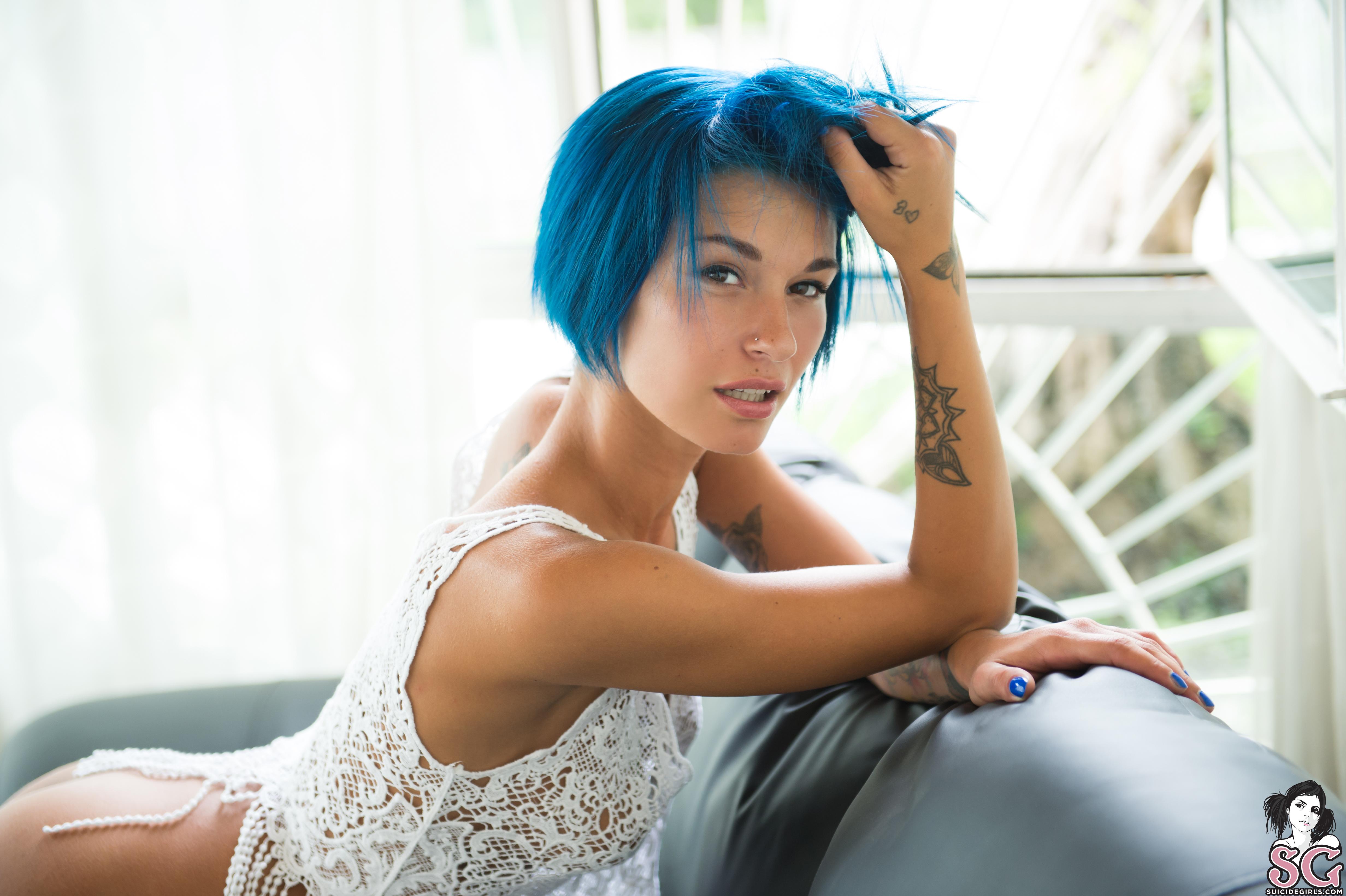 People 4928x3280 women brunette inked girls blue hair short hair living rooms couch window blouses Suicide Girls Marika Puffa bottomless watermarked