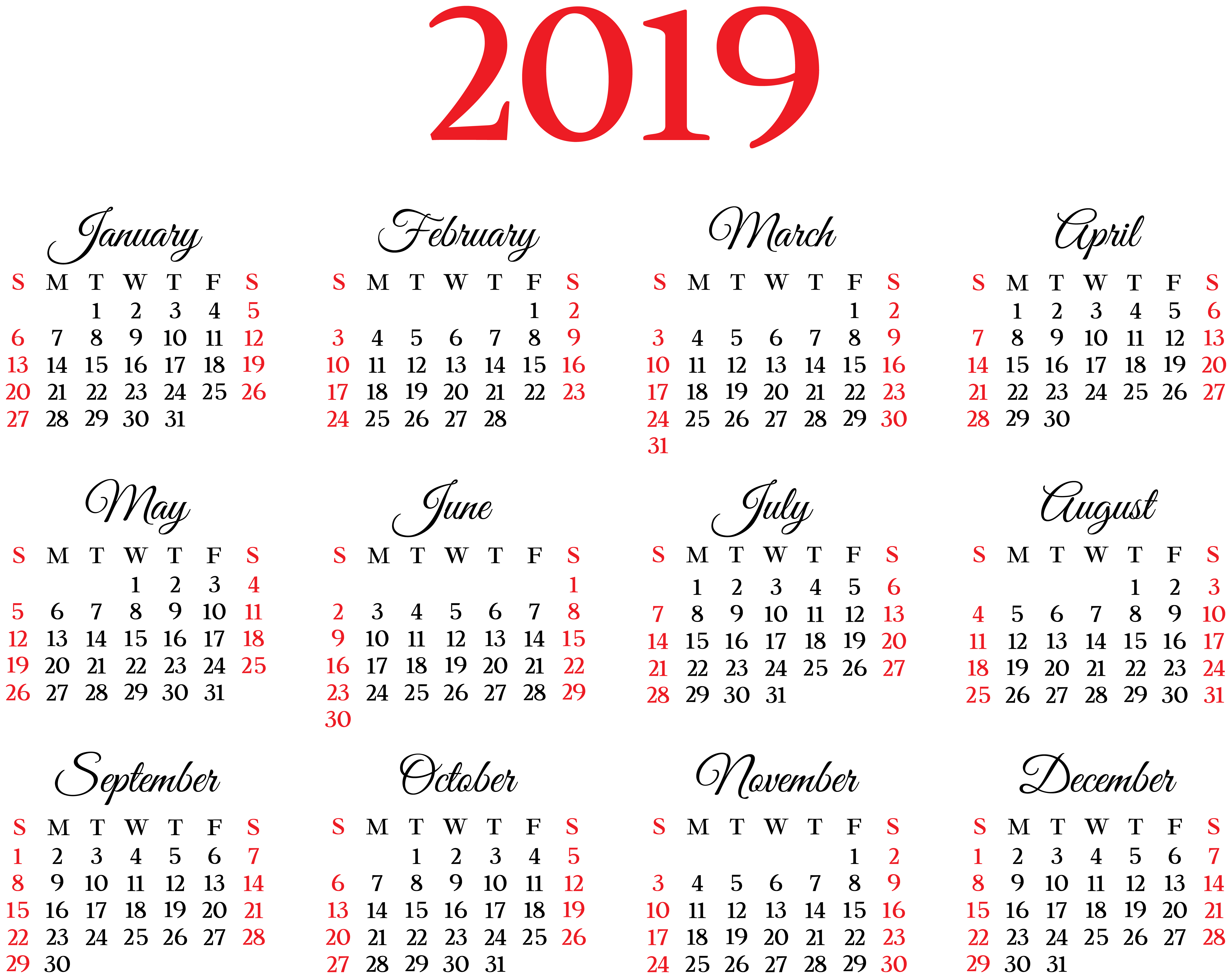 General 8000x6352 calendar 2019 (year) month numbers transparent background black red simple background black background