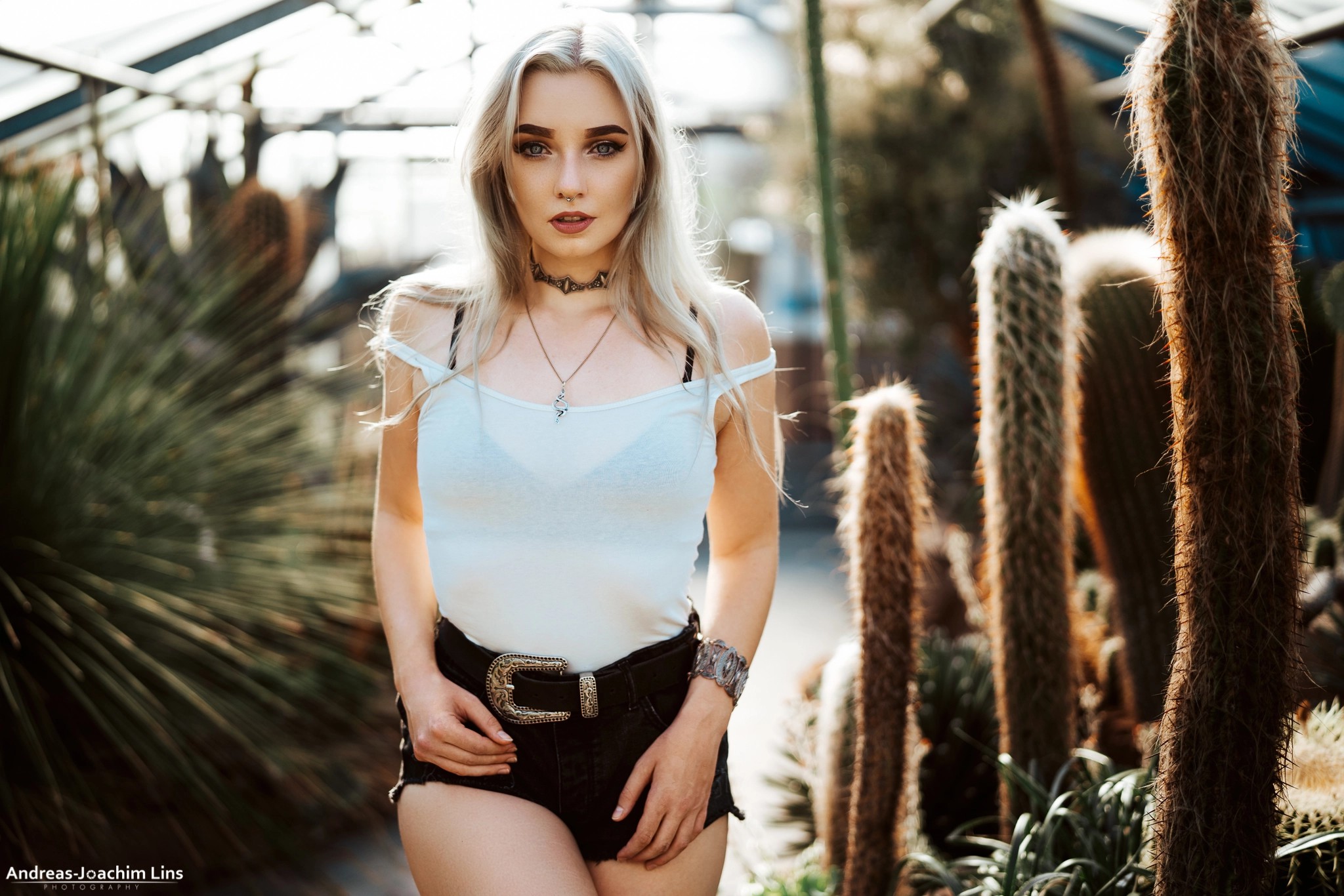 People 2048x1366 white tops bare shoulders blonde women outdoors photography necklace jean shorts looking at viewer depth of field women gray eyes piercing see-through clothing bokeh Andreas-Joachim Lins pierced septum Maike Shepherd