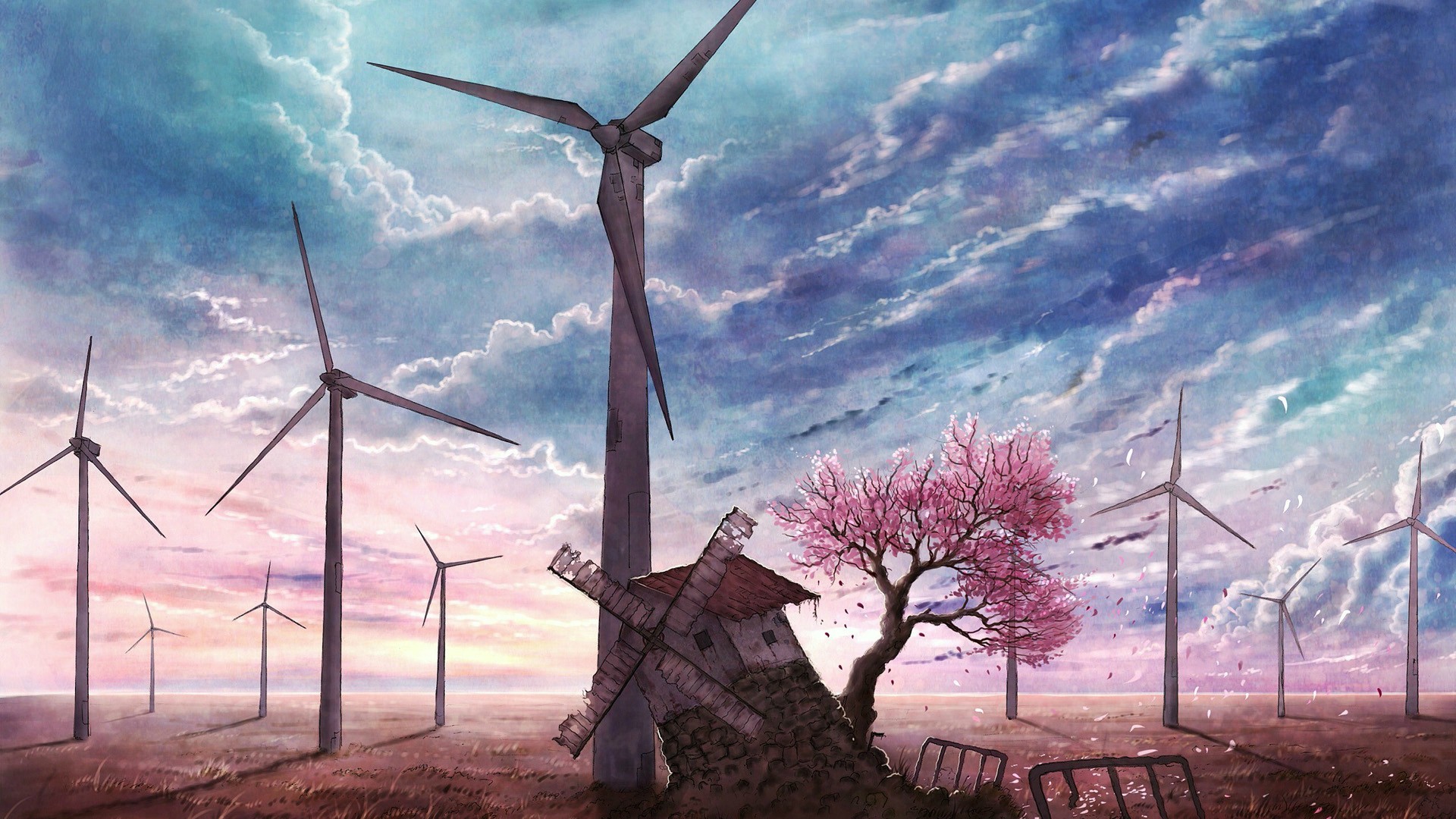 General 1920x1080 cherry blossom sky clouds artwork C_o_l_a wind turbine