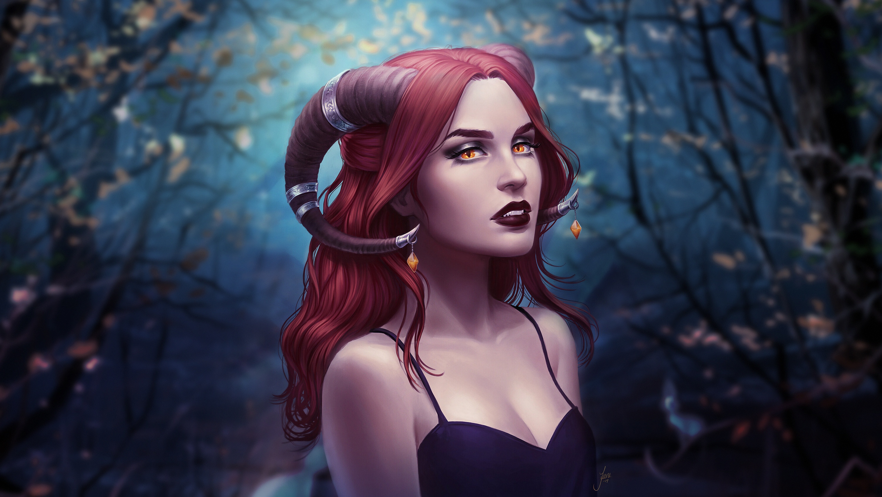 General 3000x1690 fantasy art fantasy girl artwork redhead horns yellow eyes