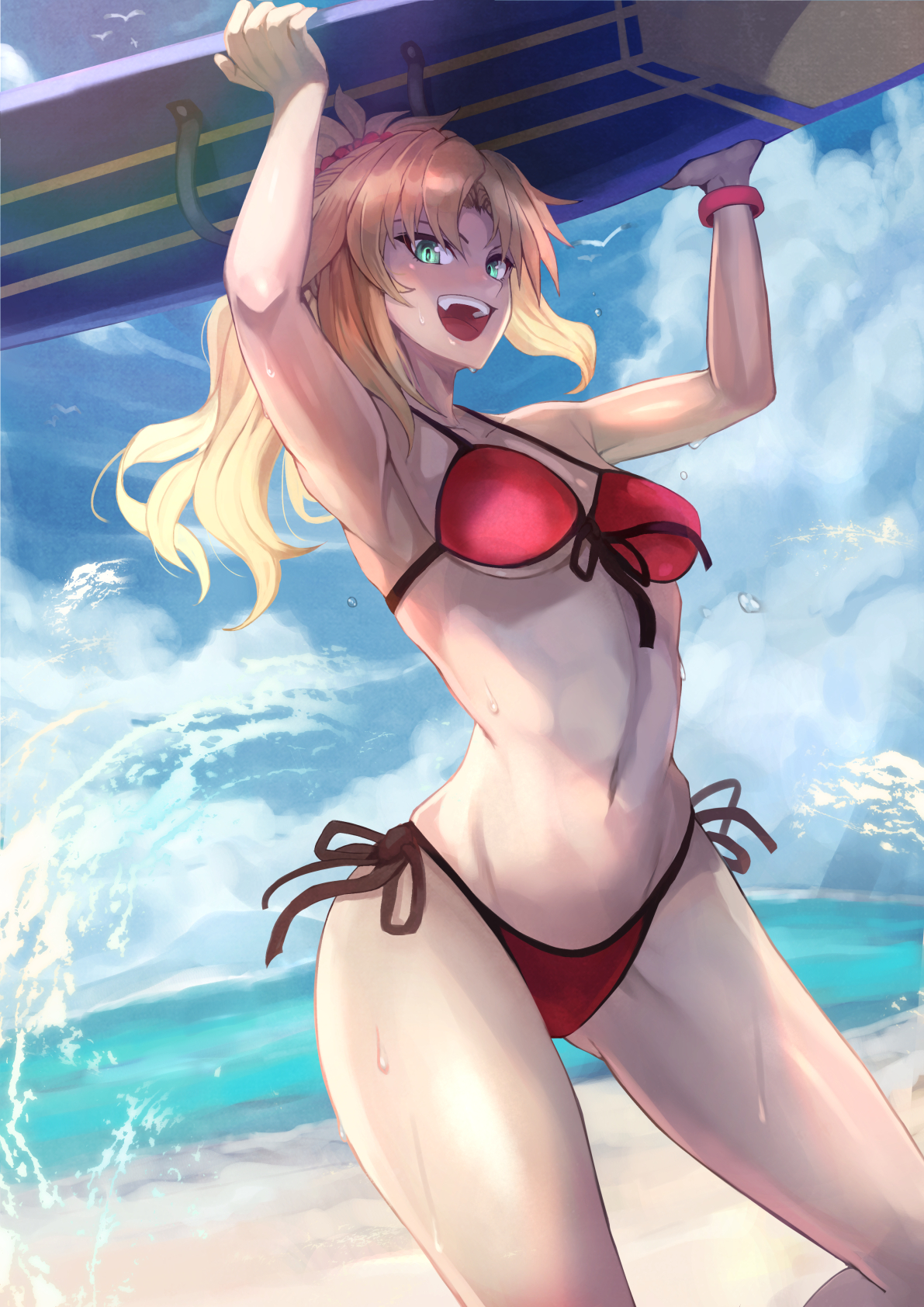 Anime 1191x1684 anime anime girls digital art artwork portrait display 2D boobs bikini beach blonde green eyes open mouth Ohako Fate series Fate/Grand Order Mordred (Fate/Apocrypha) arms up armpits looking at viewer