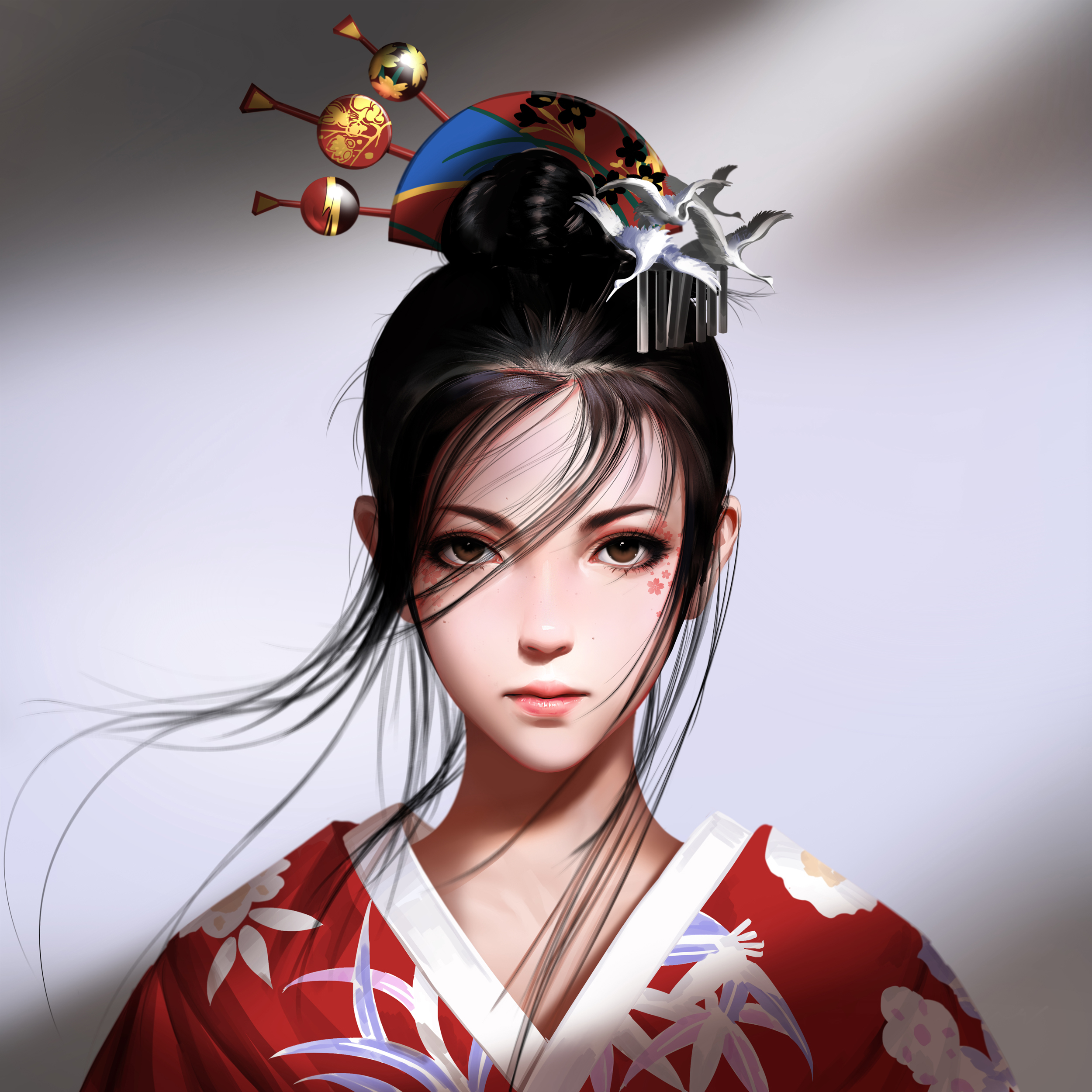 General 2500x2500 original characters brunette hairbun hair accessories hair in face looking at viewer brown eyes portrait face kimono Japanese clothes white background simple background artwork drawing digital art illustration Liang-Xing long hair frontal view