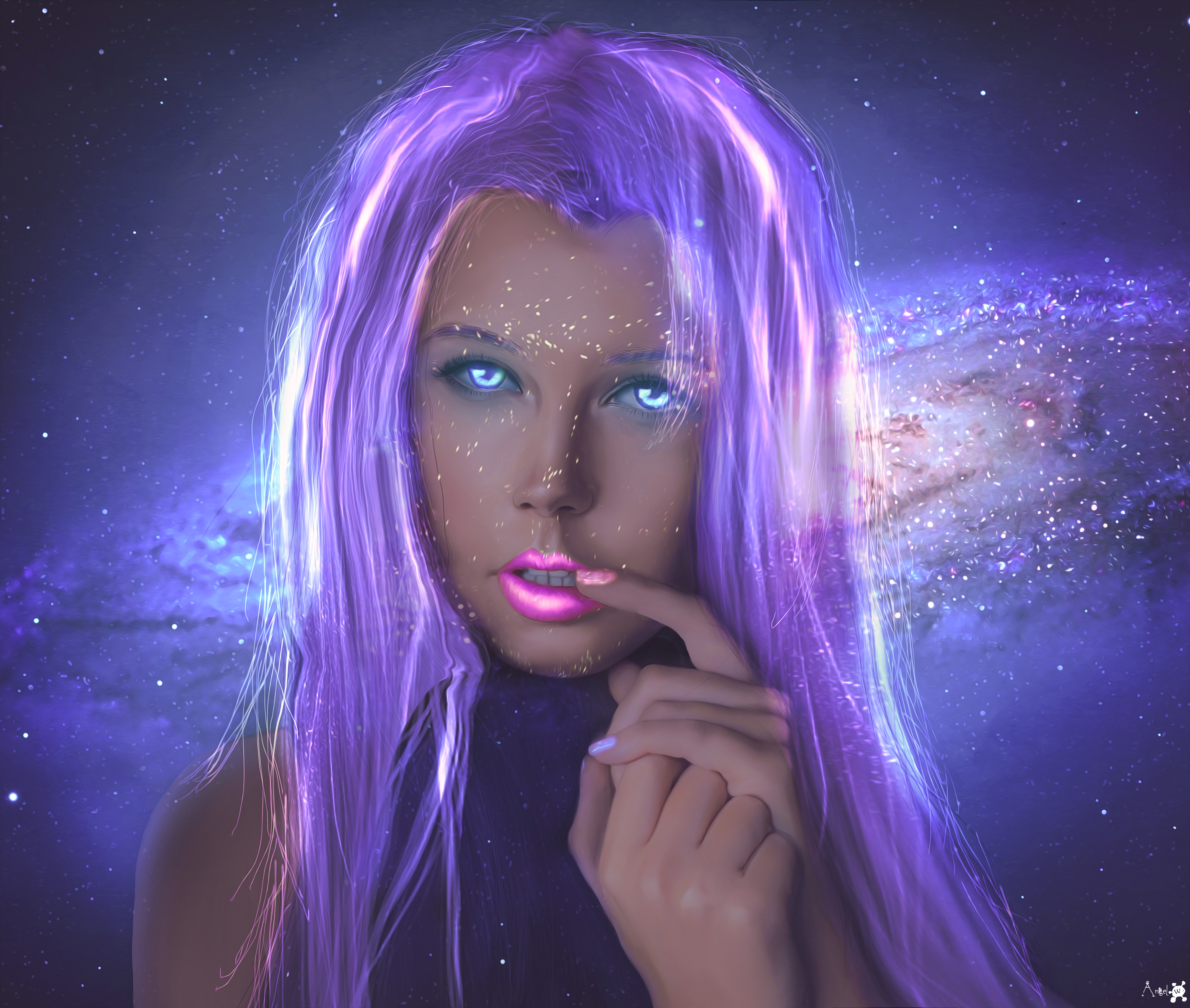General 4035x3417 artwork digital painting women face blue eyes painted nails purple hair digital art