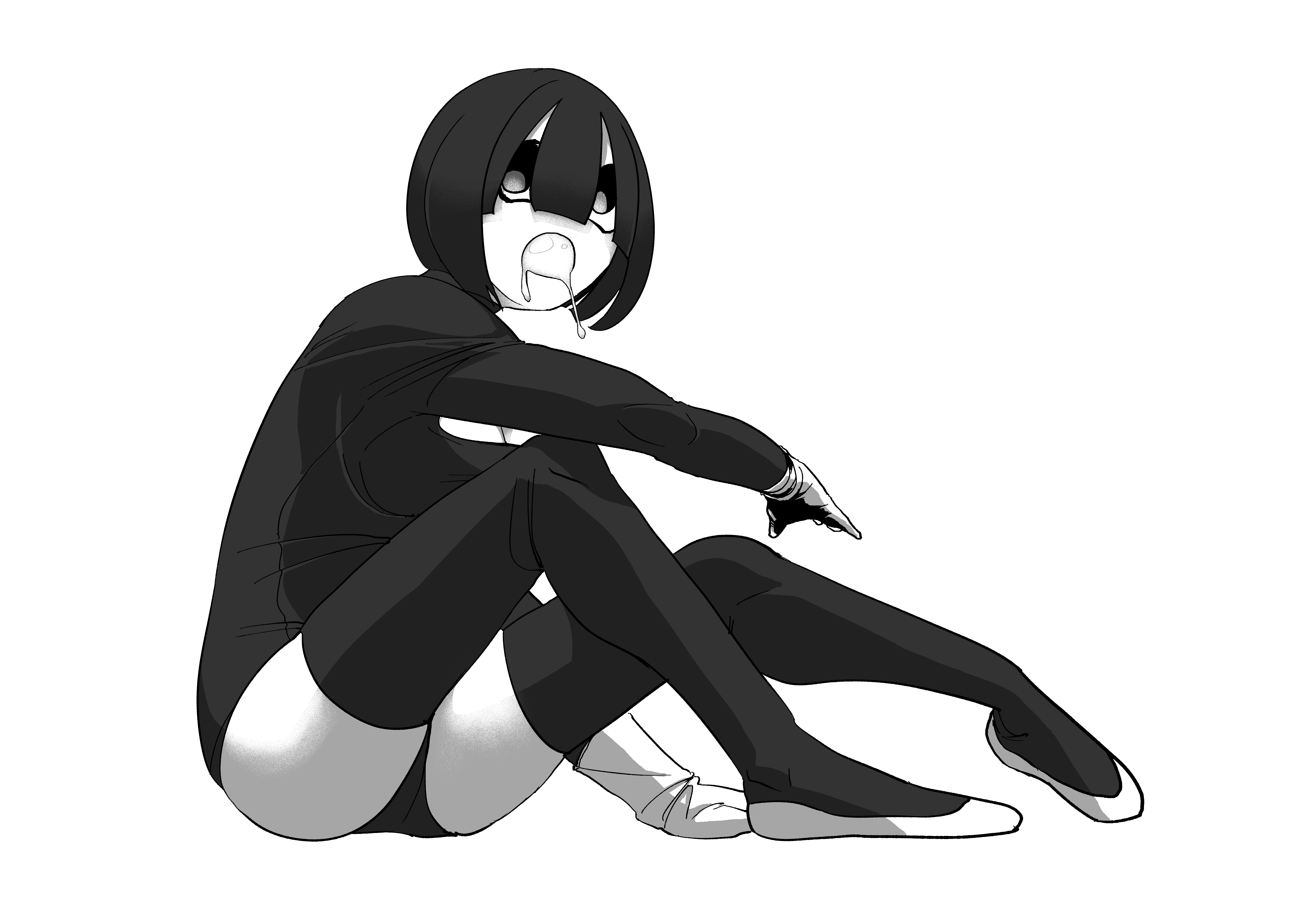 Anime 8598x6071 monochrome stockings simple background black hair artwork black stockings 2D thighs