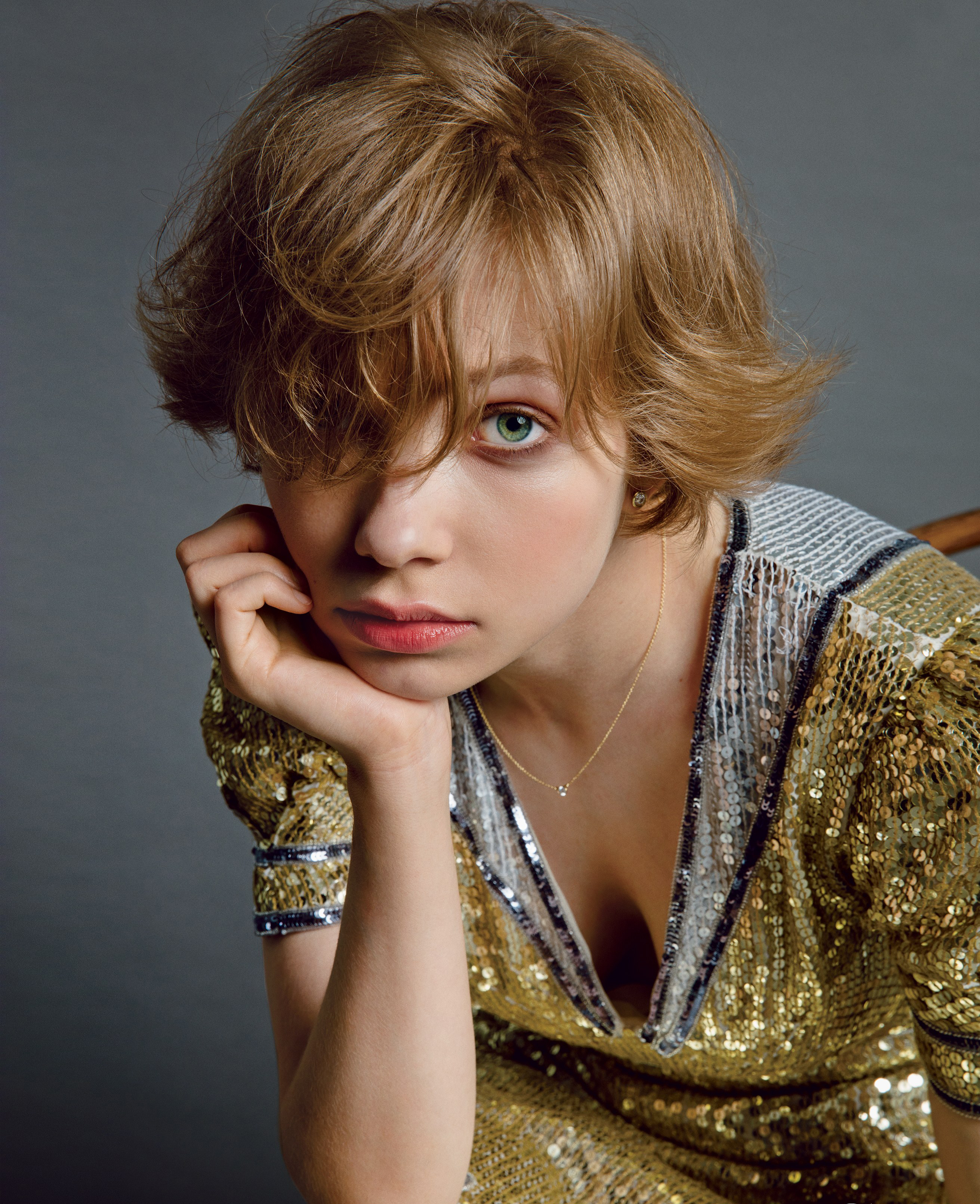 People 2622x3222 Tavi Gevinson blue eyes actress simple background blonde women cleavage hair in face short hair gold dress portrait