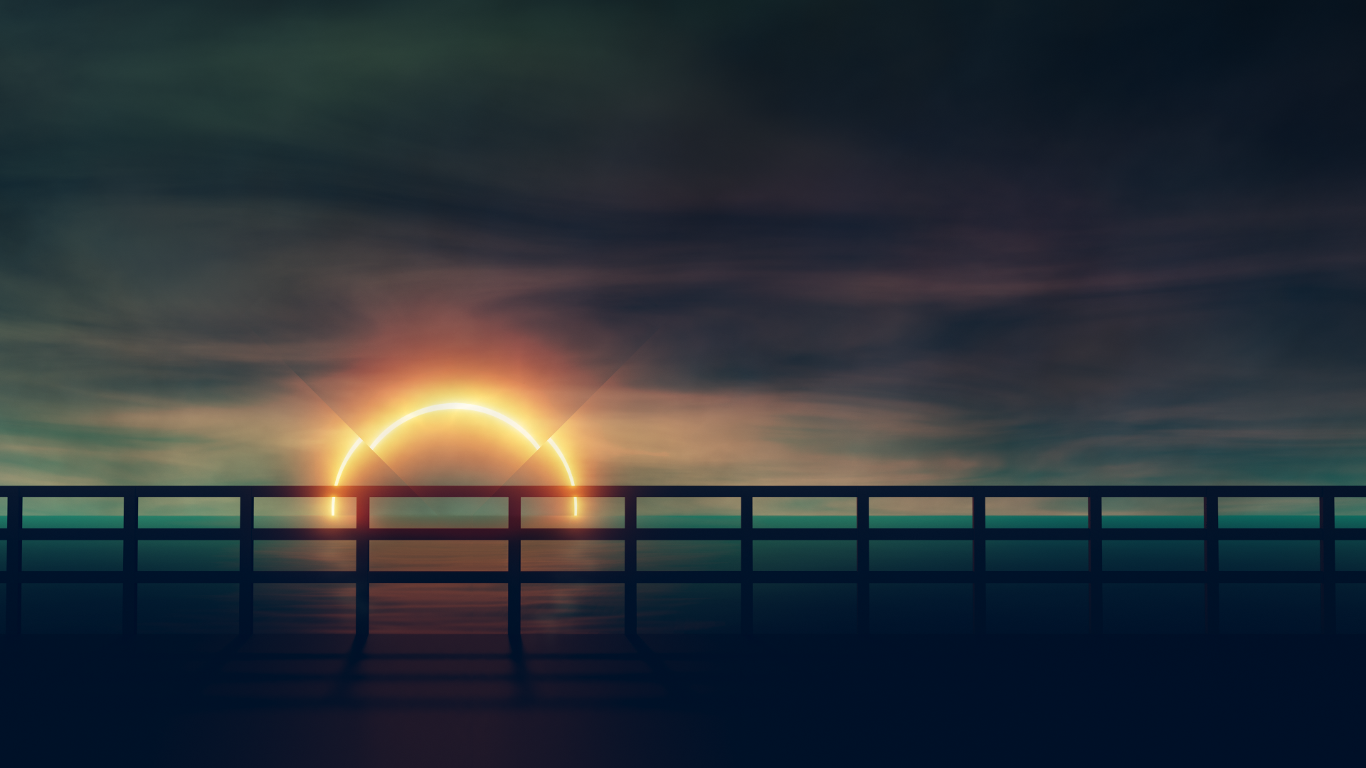 General 1920x1080 minimalism abstract sunset circle glowing pier fence dark broken