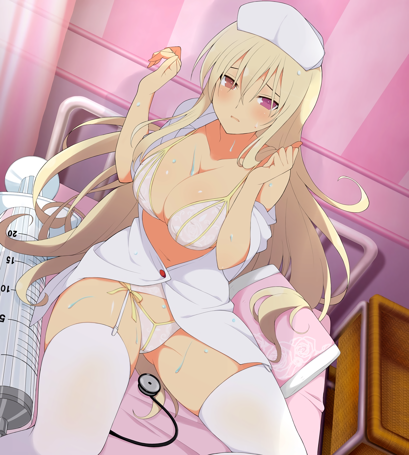 Anime 1628x1810 Senran Kagura Leo (Senran Kagura) blonde big boobs cleavage nurse outfit thigh-highs open shirt underwear heterochromia anime girls Yaegashi Nan