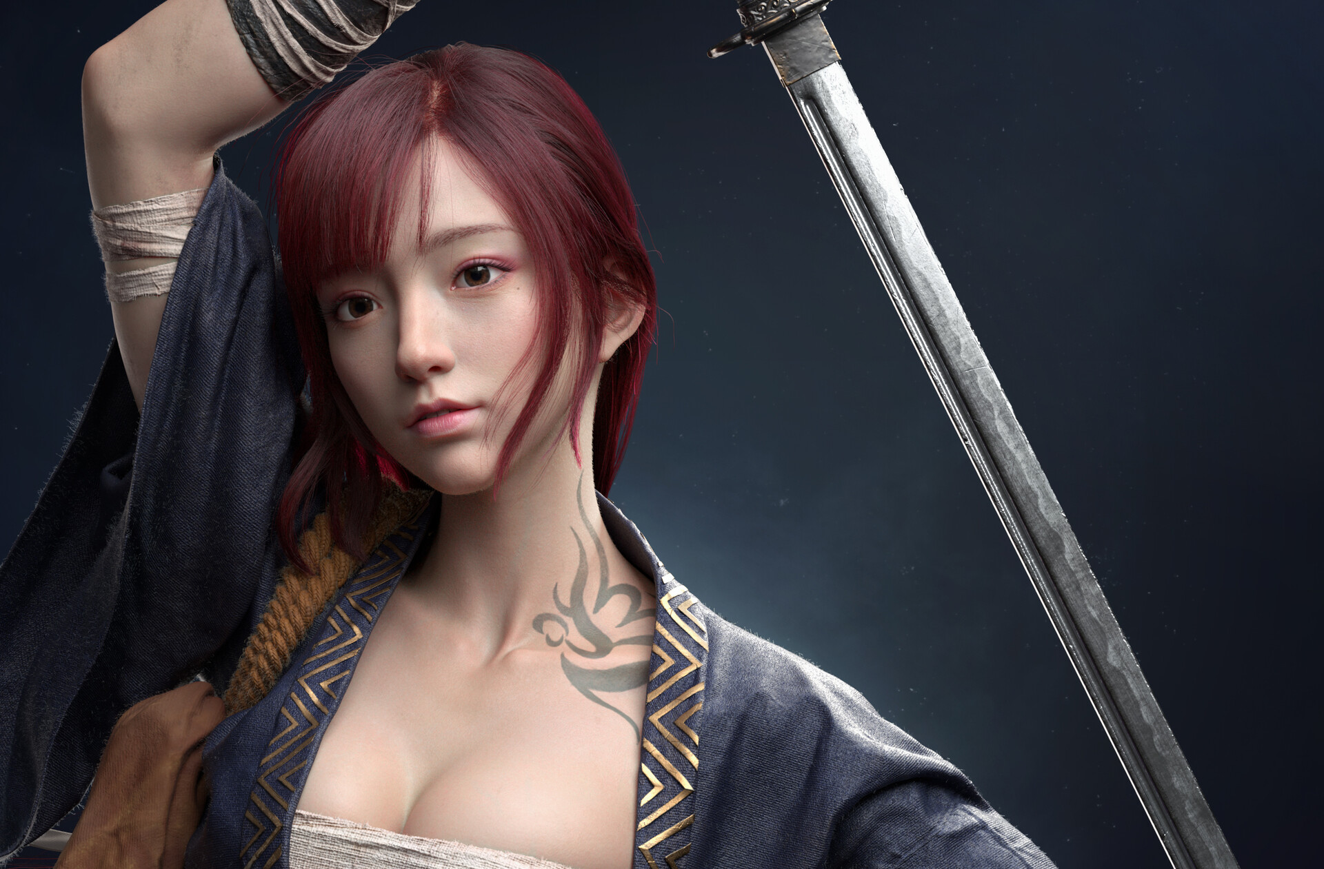 General 1920x1261 CGI women bandages robes weapon sword simple background sarashi cleavage