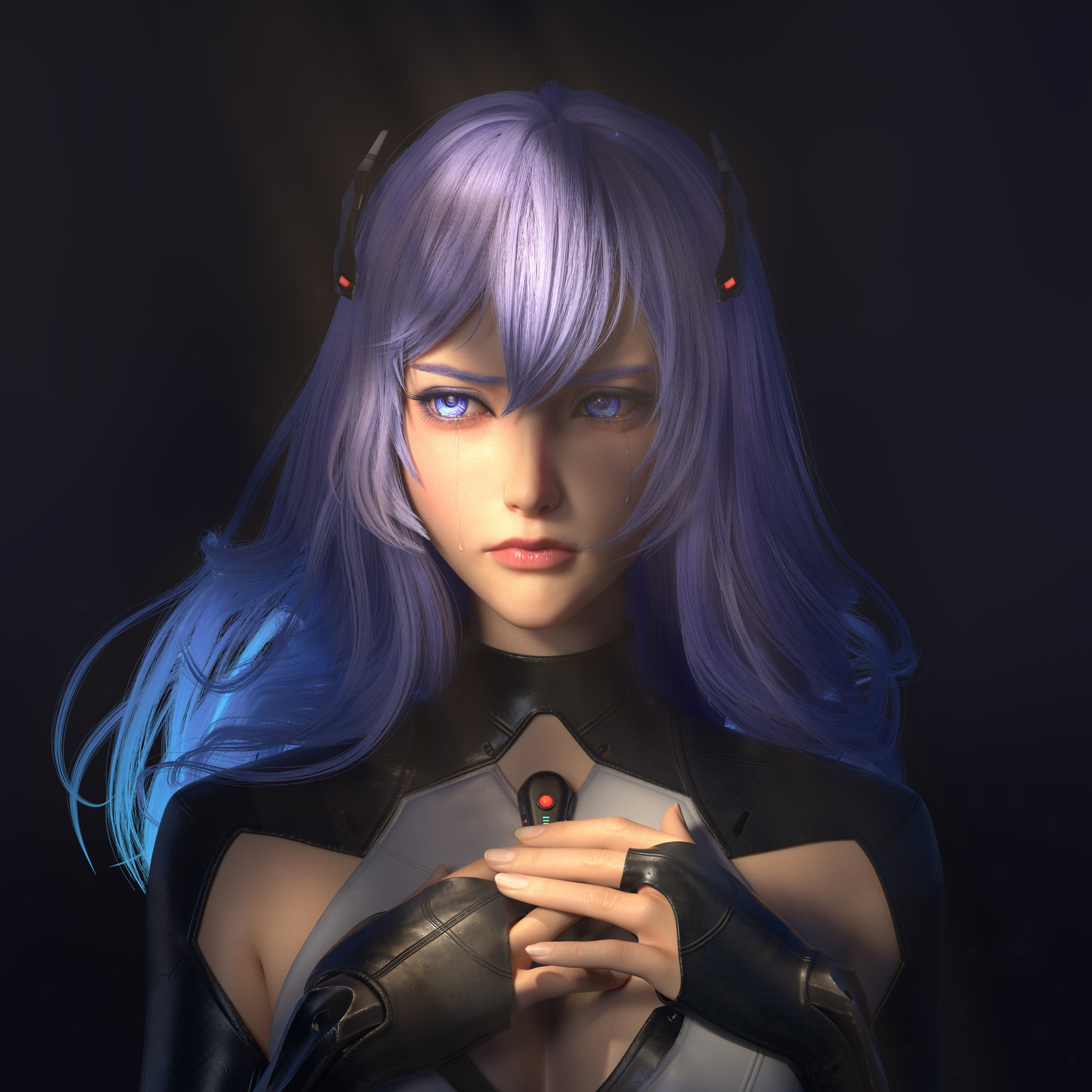 Anime 3072x3072 Huifeng Huang CGI Beatless Lacia Type-005 Lacia  women blue hair long hair blue eyes portrait crying shadow hair accessories simple background androids