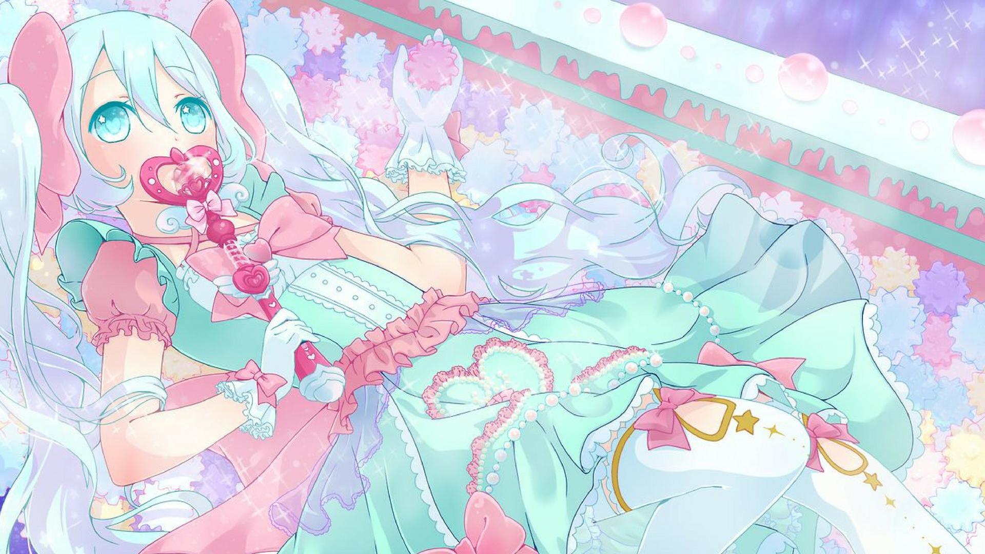 Anime 1920x1080 anime girls twintails wands pastel lolita fashion sparkles cyan hair aqua eyes Hatsune Miku Vocaloid blue eyes blue hair ribbon stockings white stockings