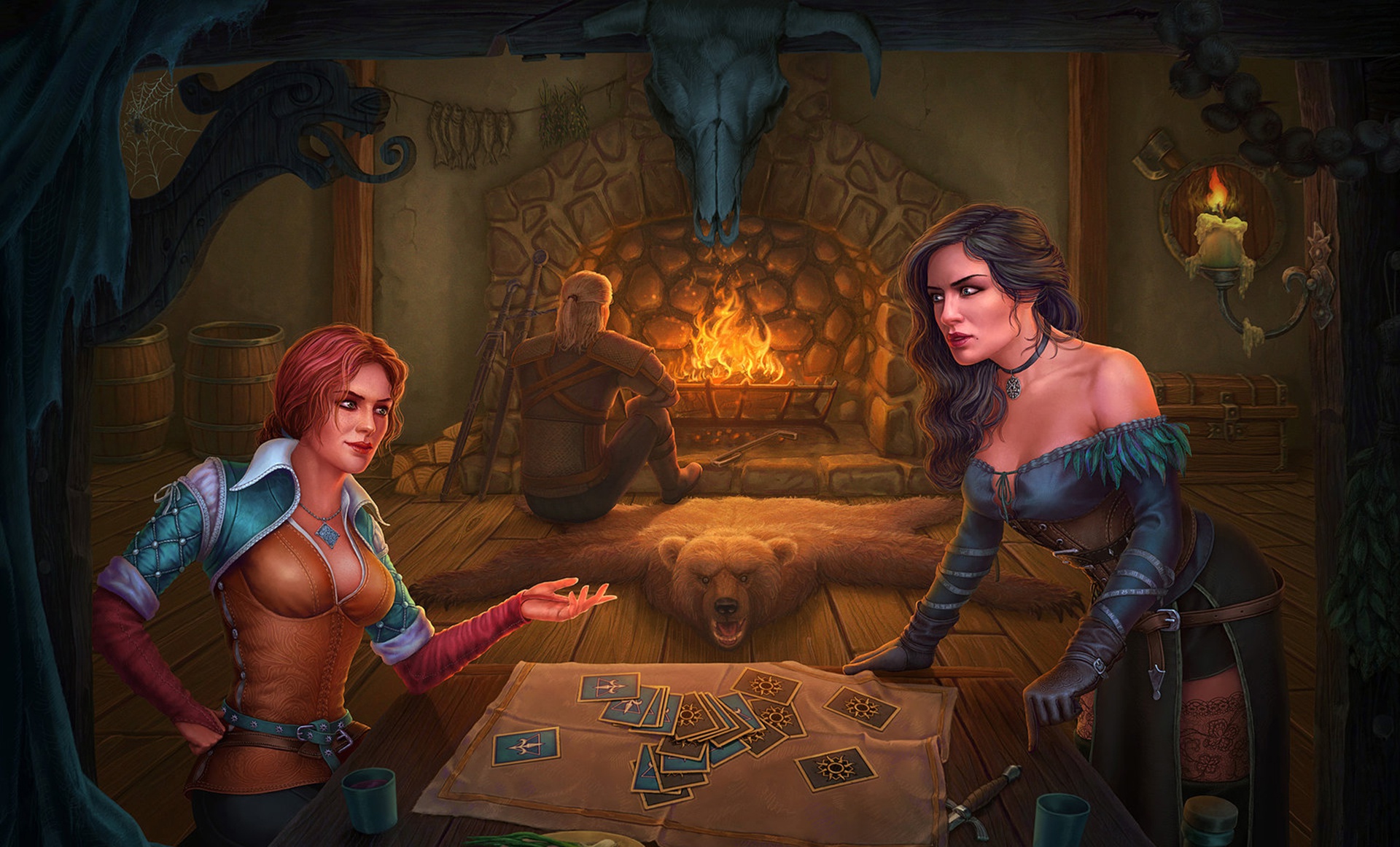 General 1920x1162 video games The Witcher 3: Wild Hunt drawing Geralt of Rivia Triss Merigold Yennefer of Vengerberg tavern fireplace two women cardboard women indoors The Witcher sorceress Gwent