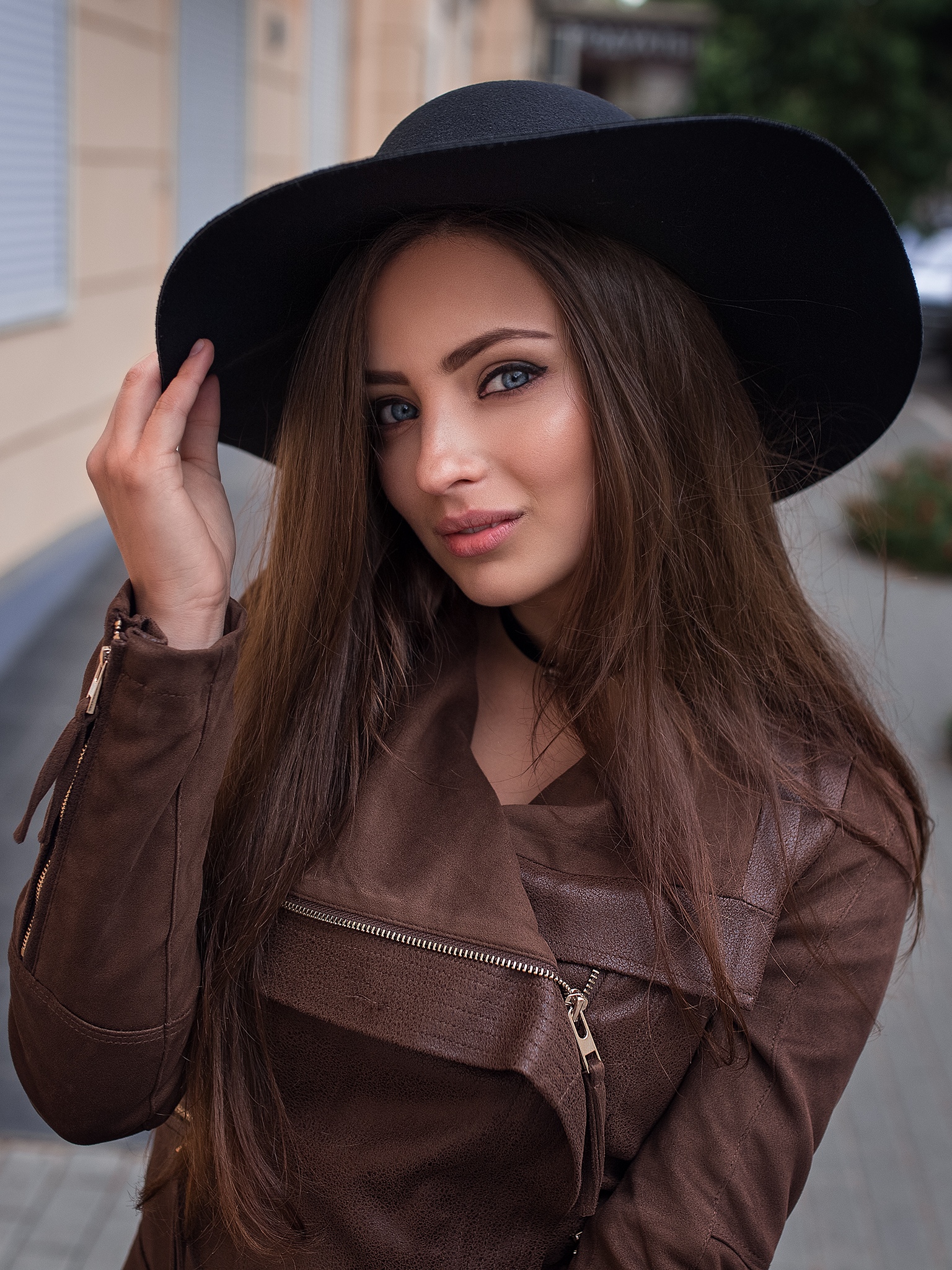 People 1536x2048 women model Dmitry Shulgin Veronika Avdeeva black hat brown jacket blue eyes brunette portrait display