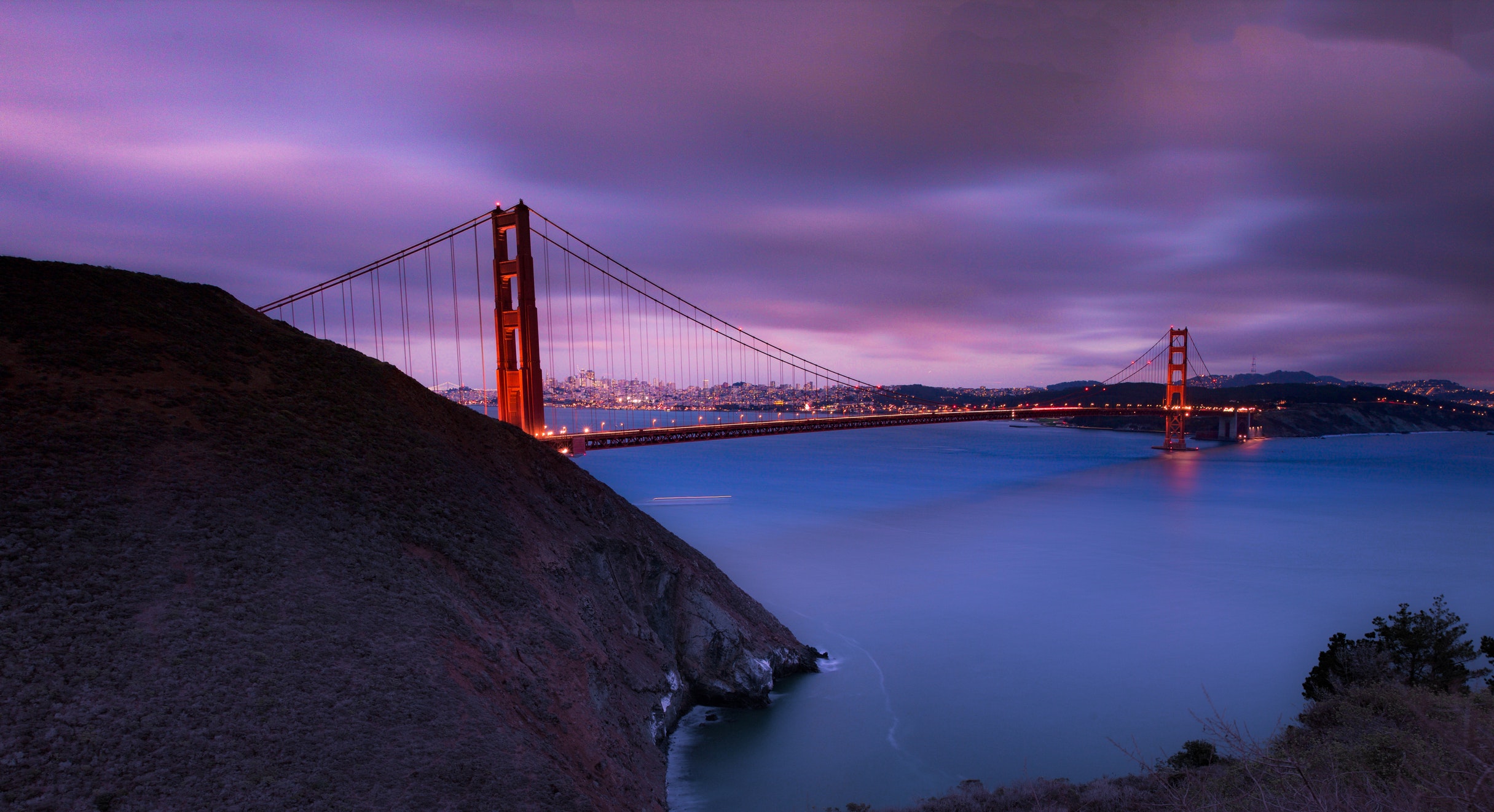 General 2431x1322 bridge San Francisco beach mountains Golden Gate Bridge suspension bridge sea USA