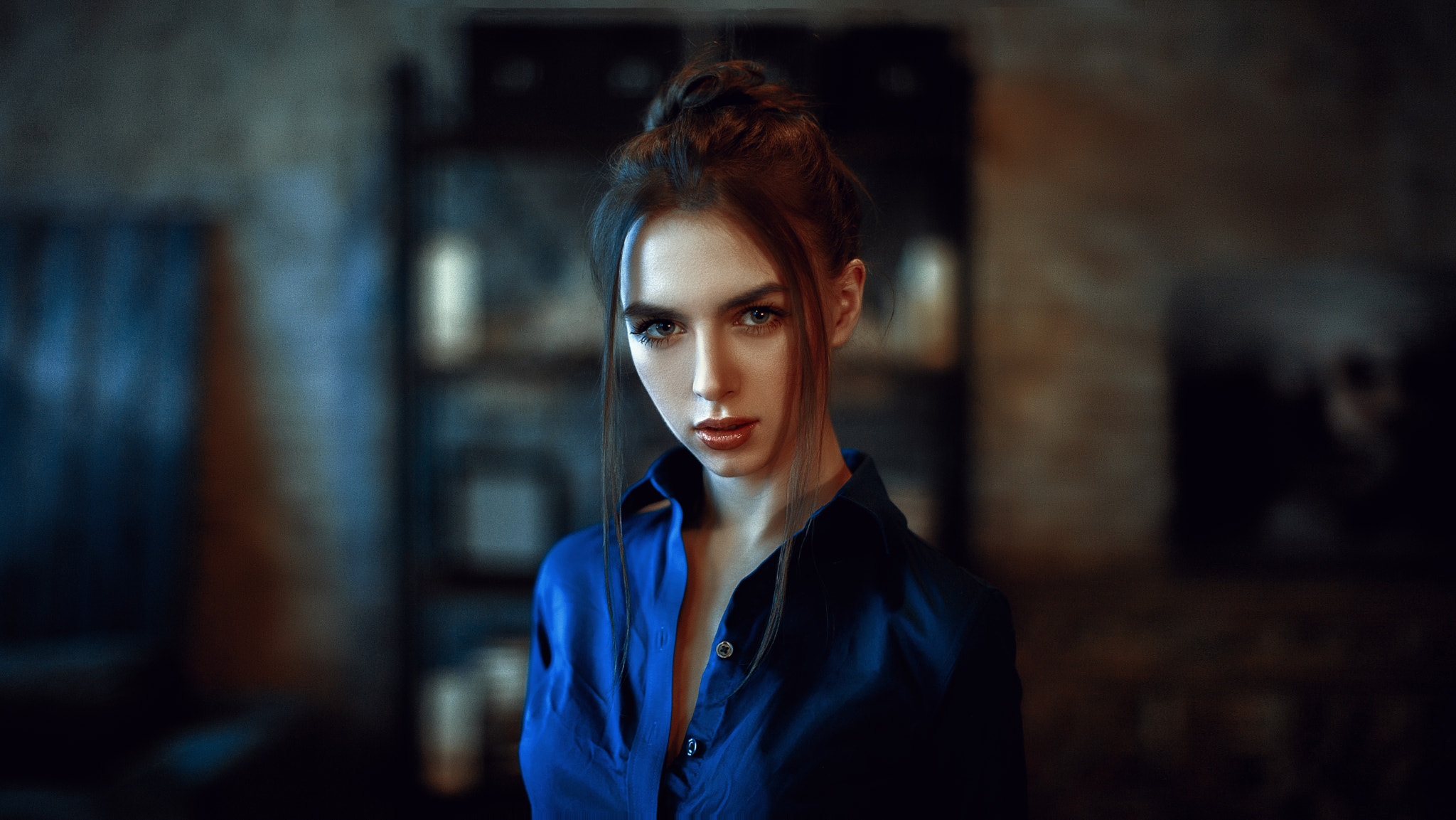 People 2048x1153 women portrait blue shirt depth of field face Victoria Vishnevetskaya blue clothing Georgy Chernyadyev brunette