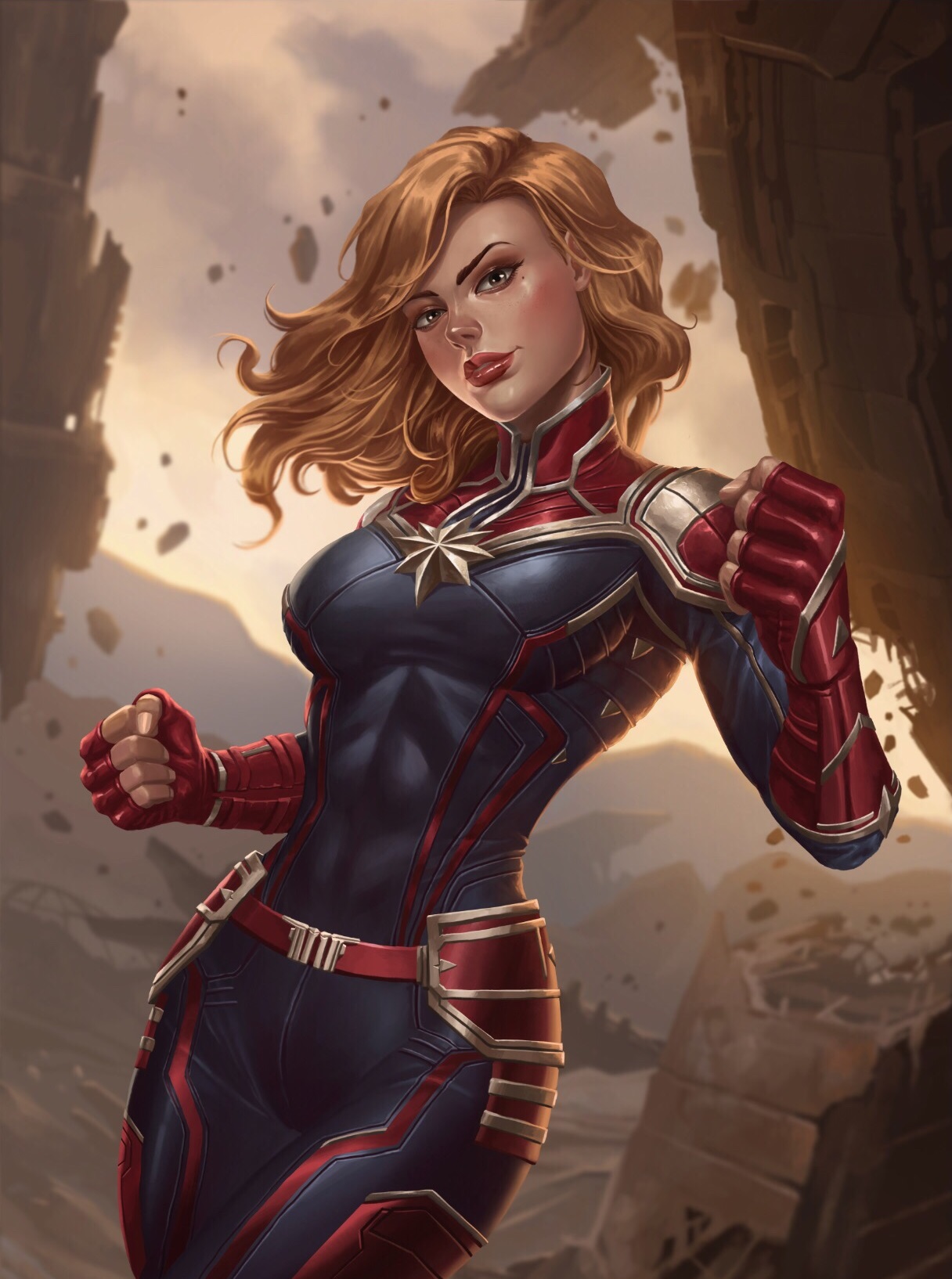 General 1216x1634 Captain Marvel Carol Danvers Marvel Comics bodysuit superheroines fist red lipstick comic art