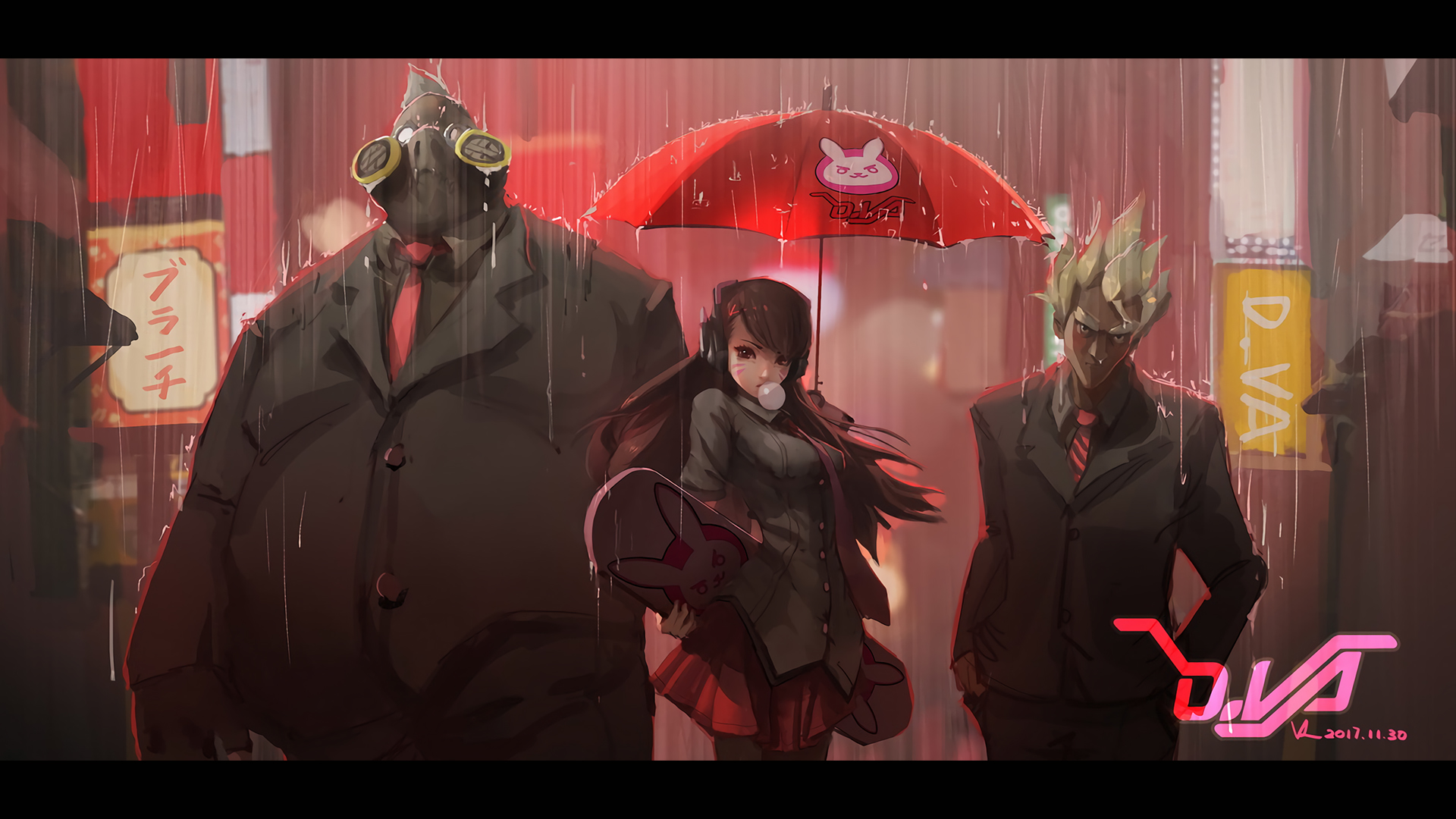 Anime 1920x1080 Junkrat (Overwatch) Overwatch D.Va (Overwatch) Roadhog (Overwatch) suits rain