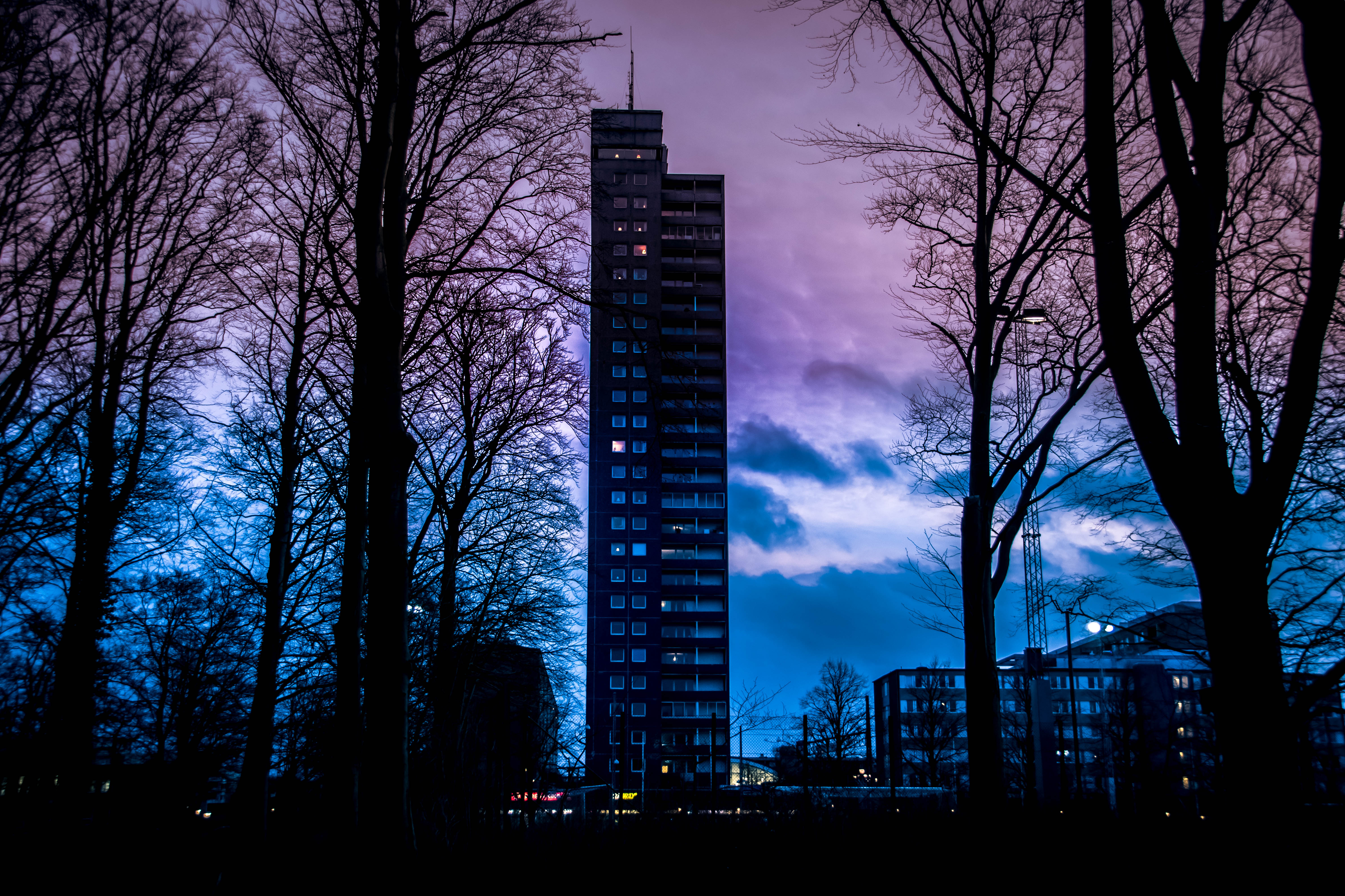 General 6000x4000 Sweden building sunset city evening blue violet trees low light