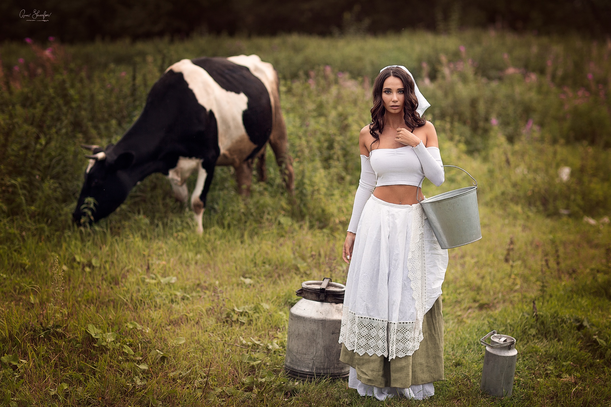 People 2048x1365 women model cow animals women outdoors bucket pierced navel farm milk