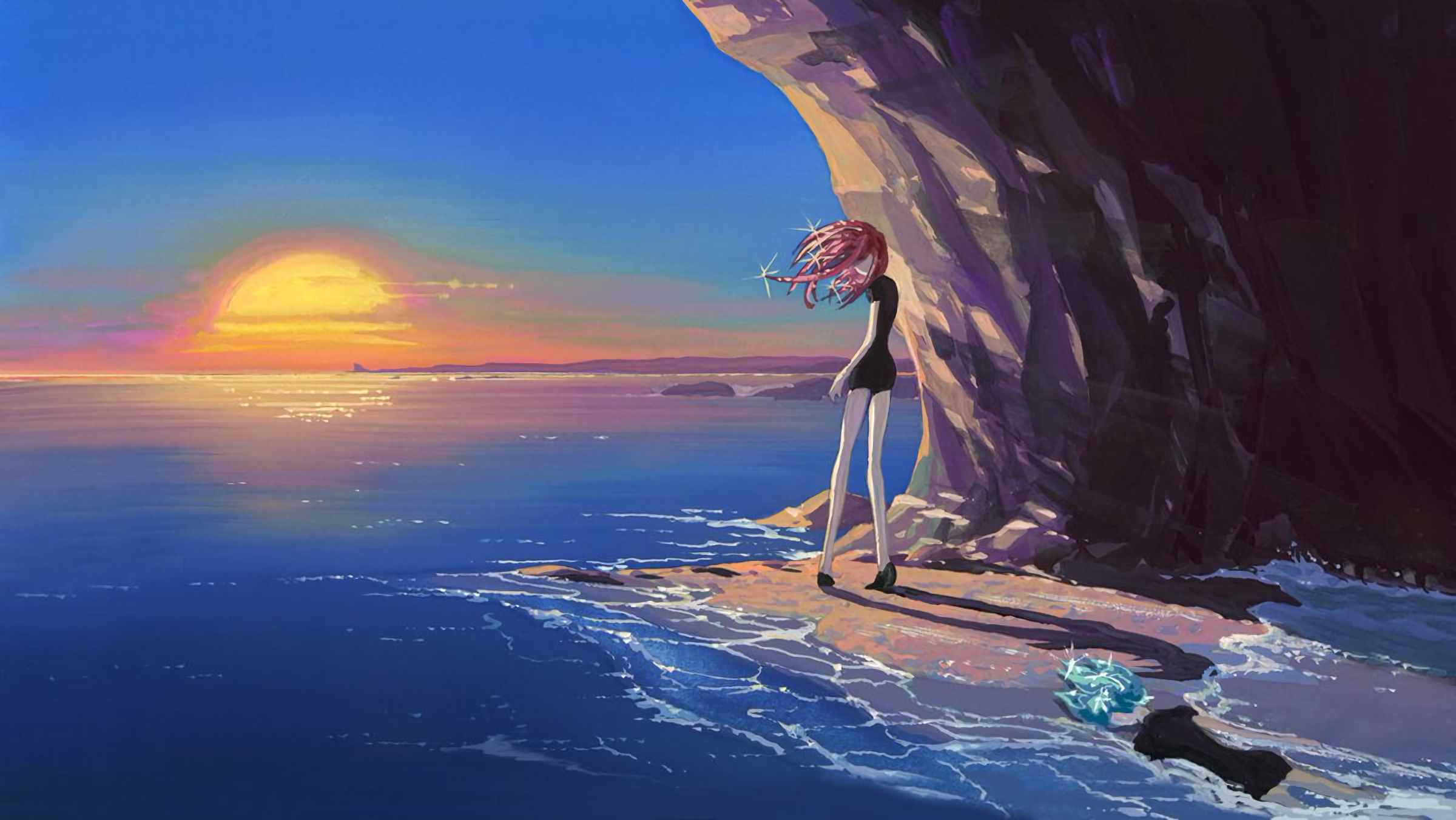 Anime 2400x1352 Houseki no Kuni Phos (Houseki no Kuni) sunset beach Cinnabar (Houseki no Kuni) anime anime girls sunset glow two women