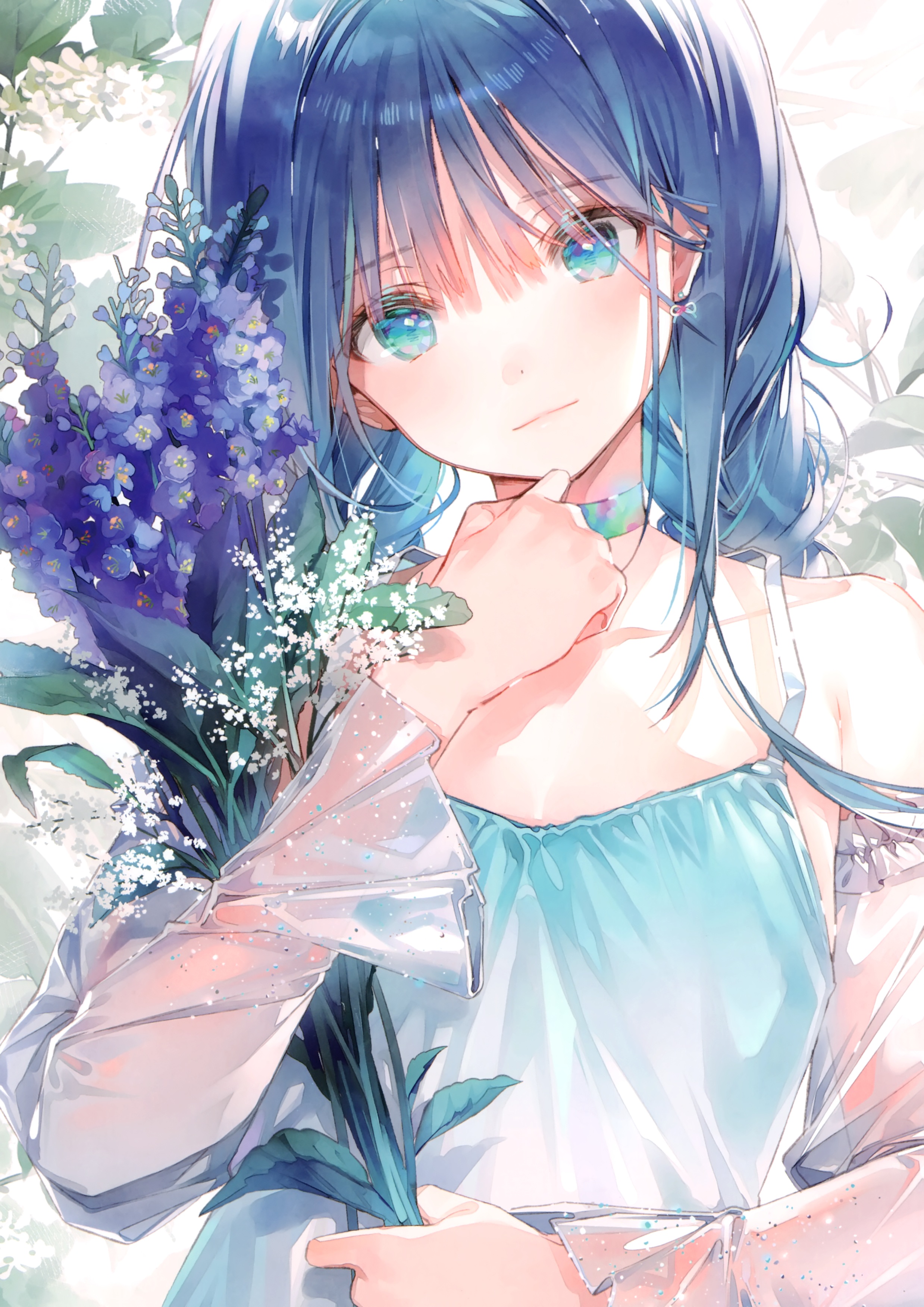 Anime 2477x3503 anime 2D digital art artwork anime girls DSmile blue hair aqua eyes flowers