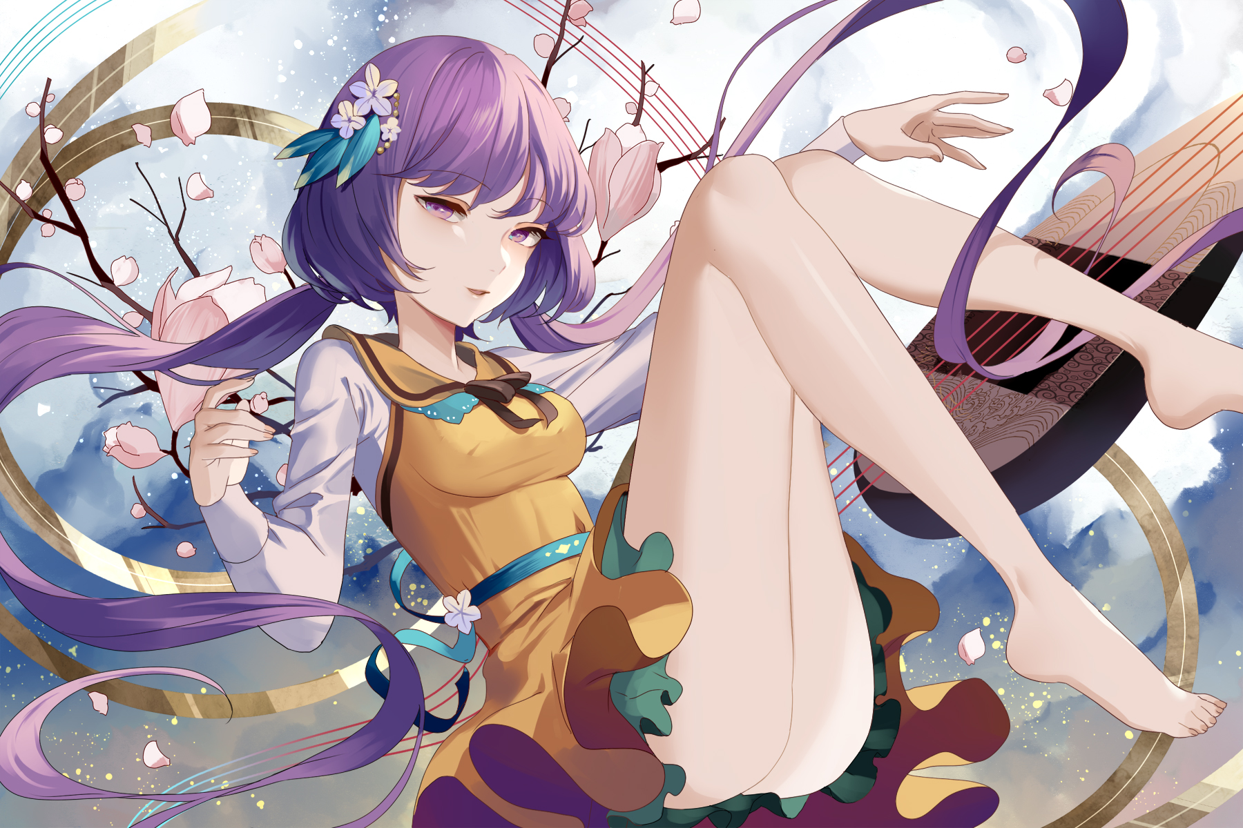 Anime 1800x1200 Tsukumo Benben long hair purple hair barefoot dress twintails flowers petals purple eyes Touhou instrument