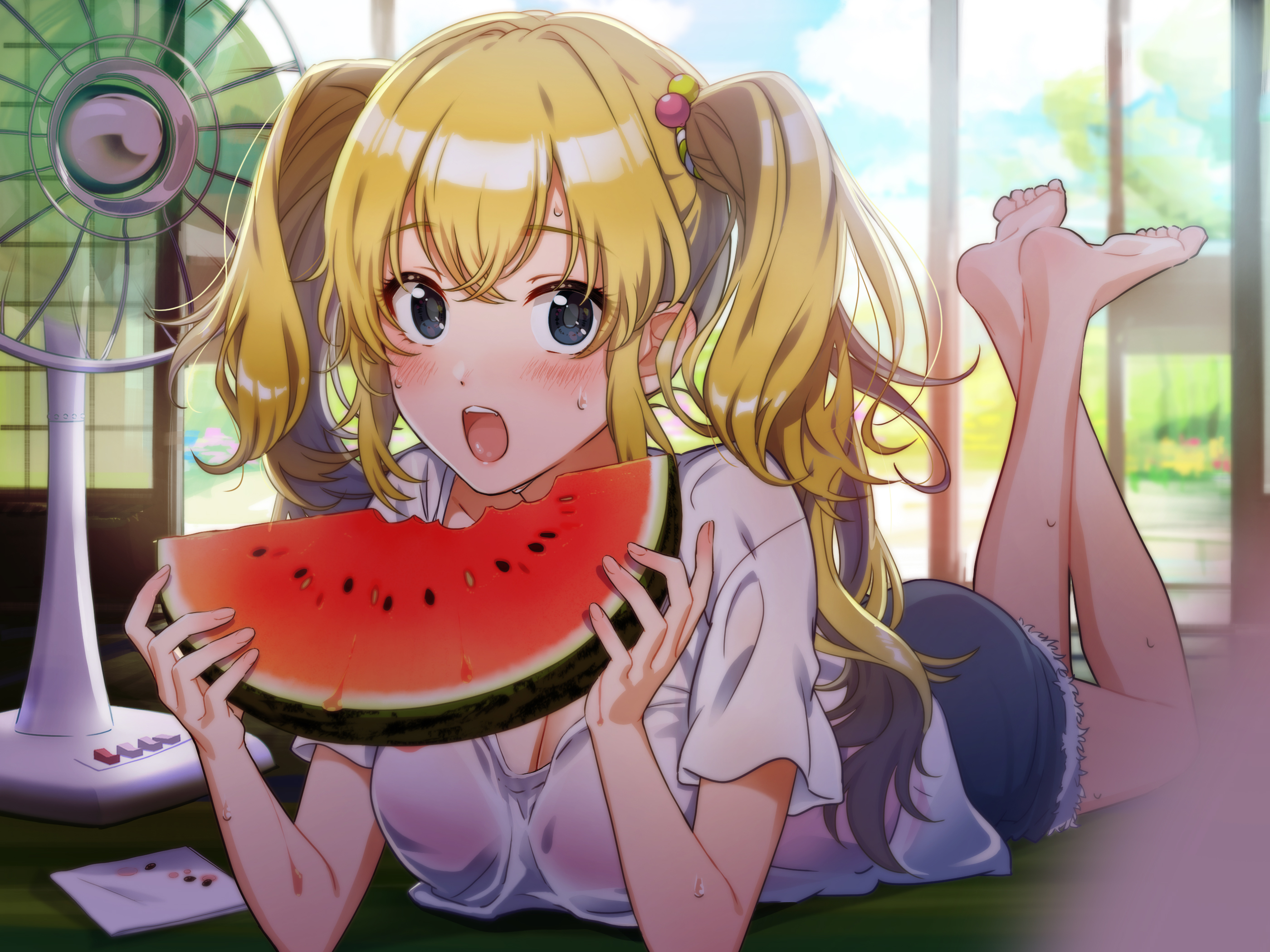 Anime 2800x2100 summer watermelons anime anime girls blonde twintails dark eyes open mouth lying on front feet in the air Yamamoto Miyu artwork