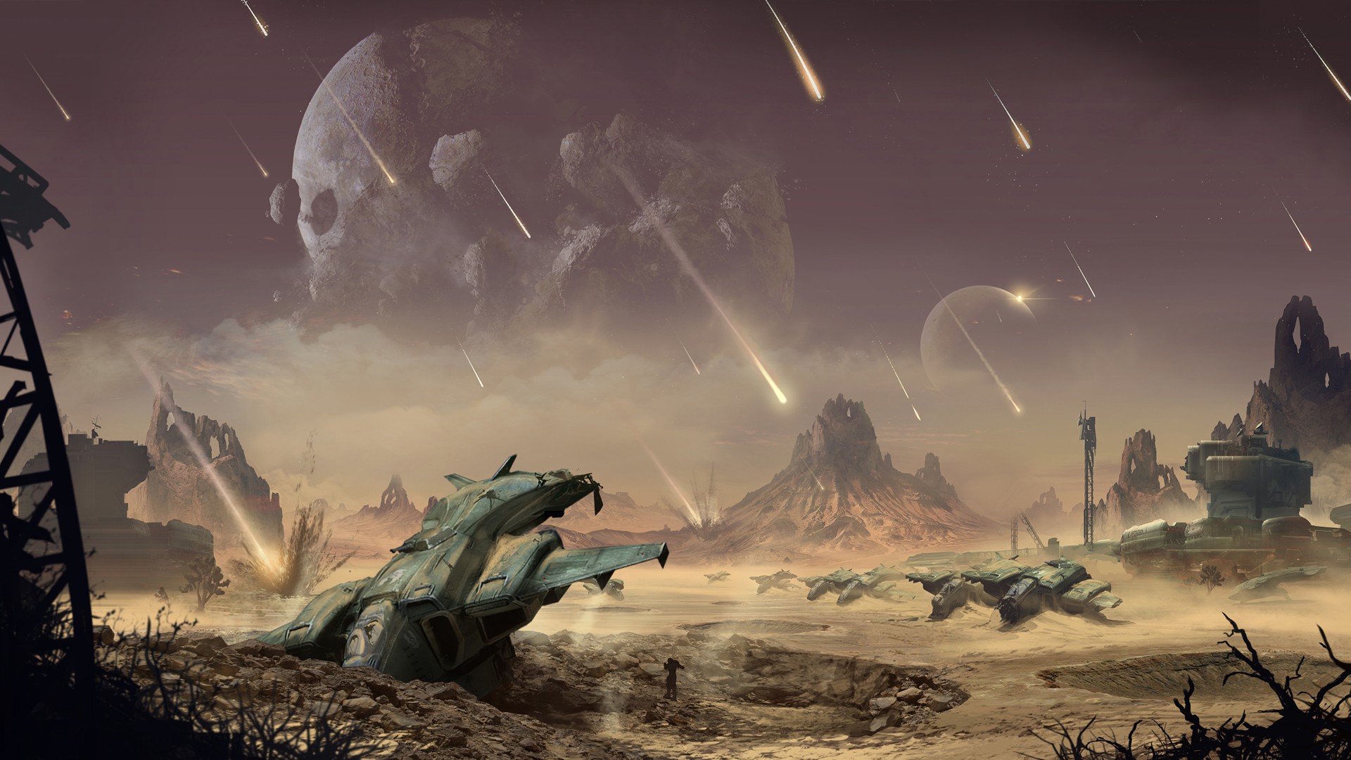 General 1920x1080 video games video game art Halo (game) science fiction Pelican (Halo) desert planet destroyed ruins meteorite landscape wreck vehicle