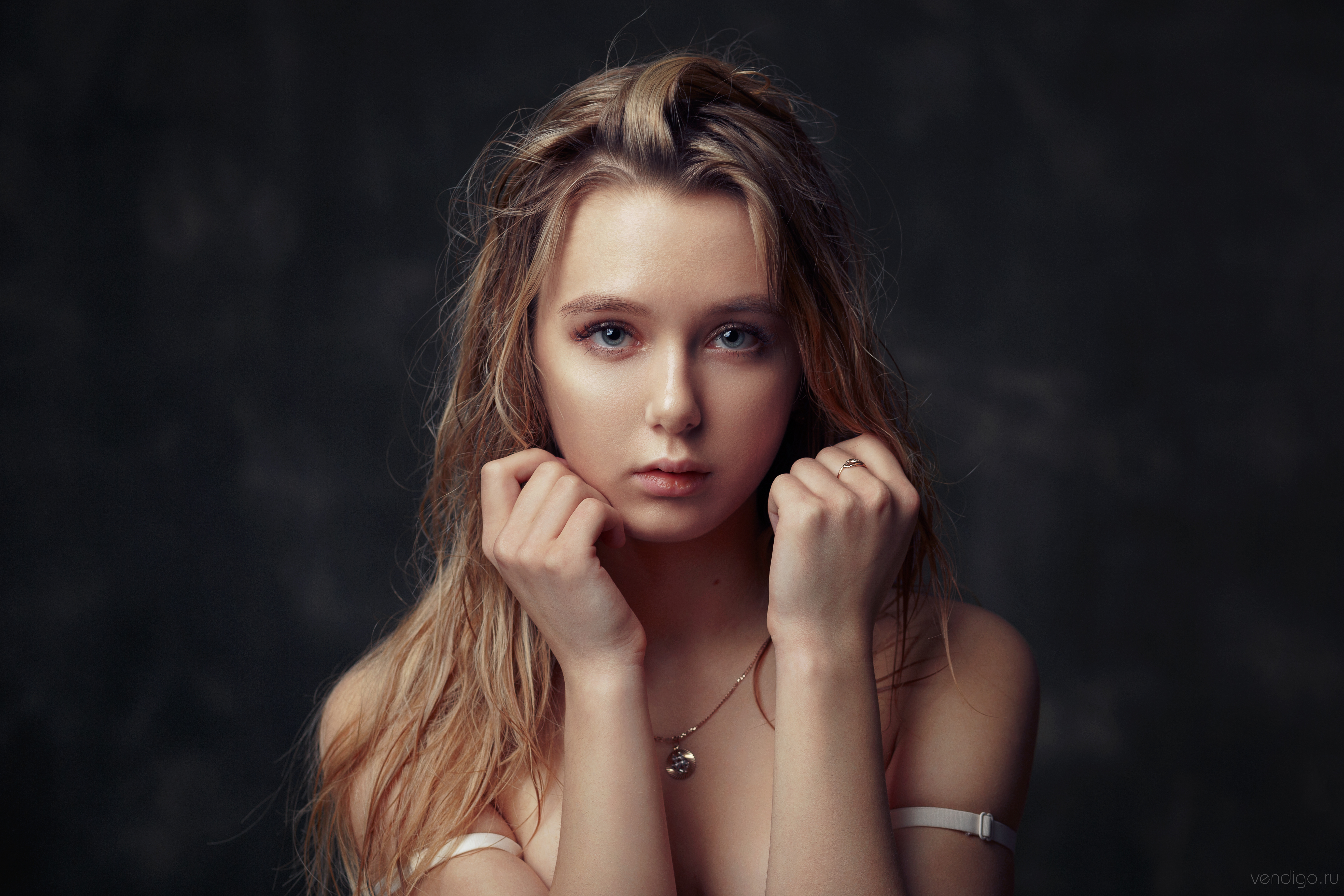 People 5472x3648 women model blonde long hair gray eyes looking at viewer parted lips face bare shoulders necklace touching face depth of field dark background closeup rings indoors women indoors Evgeniy Bulatov bra straps Katya